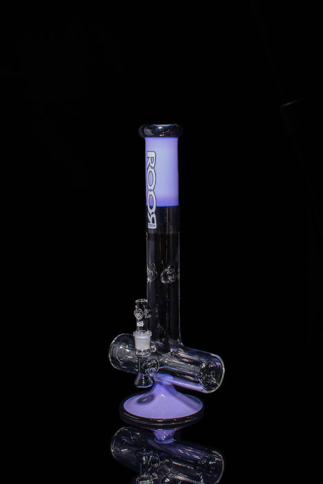 ROOR® Tech 18” Inline water pipe, purple and black design, with ice pinches and ash-catcher, made of 50mm x 5mm glass.