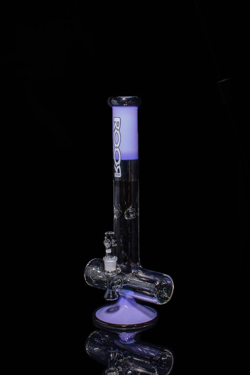 ROOR® Tech 18” Inline water pipe, purple and black design, with ice pinches and ash-catcher, made of 50mm x 5mm glass.