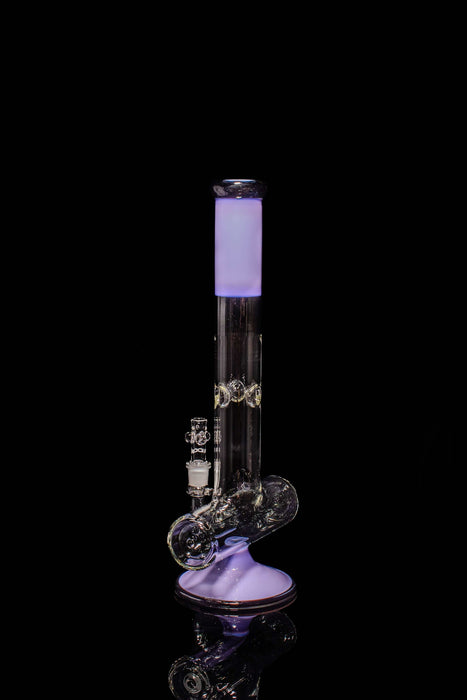 ROOR® Tech 18” Inline glass piece in purple and black on black background.