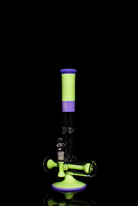 ROOR Tech 18” Inline glass water pipe in purple and green with glow-in-the-dark decal and built-in ash catcher
