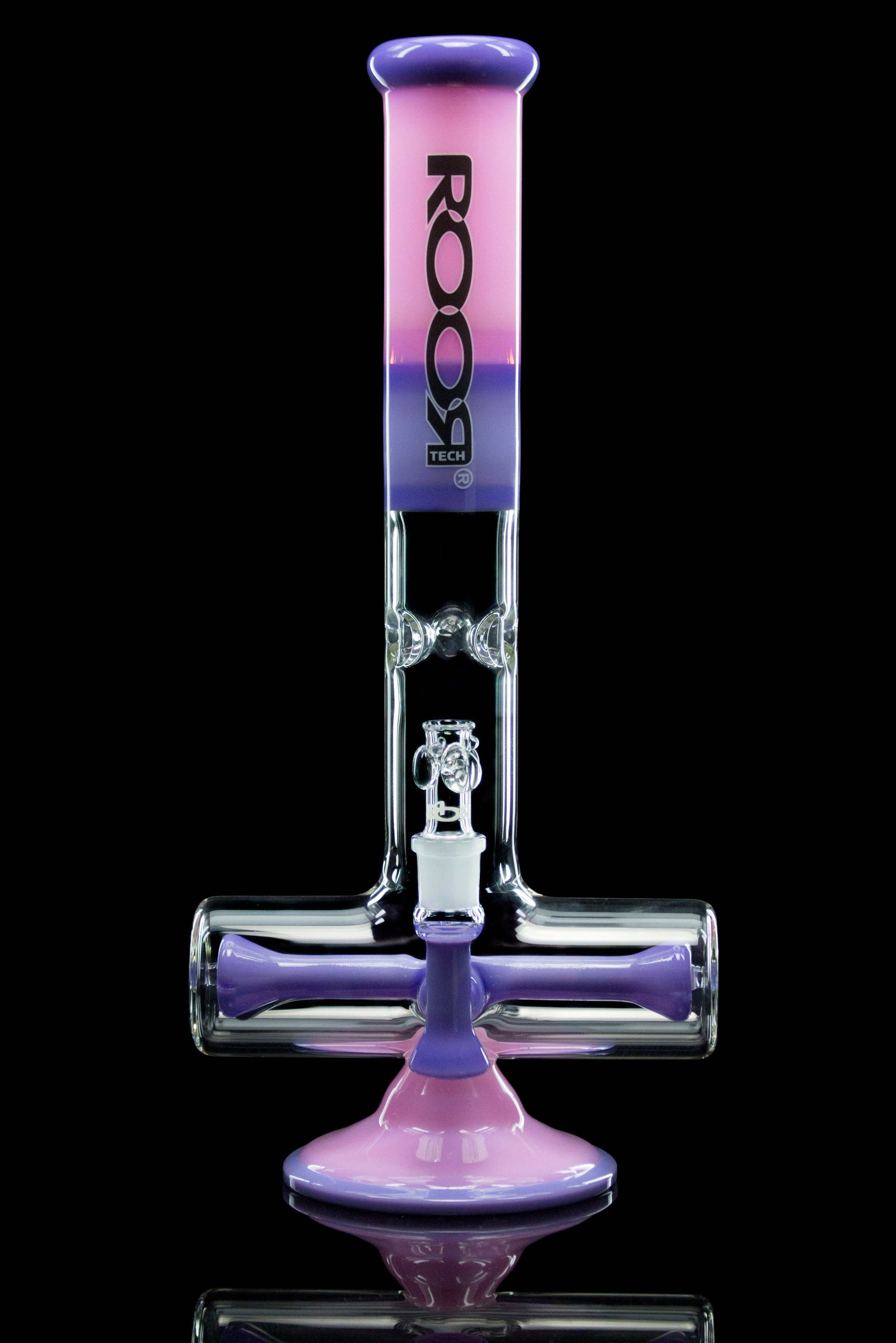 ROOR Tech 18” inline glass bong with purple and pink solid colors and built-in ash catcher