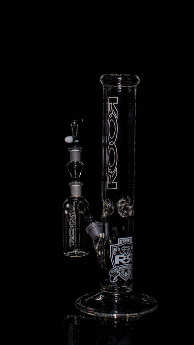 ROOR Intro Collectors 14-inch black and white straight base glass bong with matching ashcatcher and ROOR logo detailing