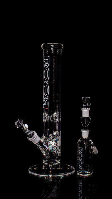 ROOR® Intro Collectors 14” straight black and white glass water pipe with matching ashcatcher and branded decals
