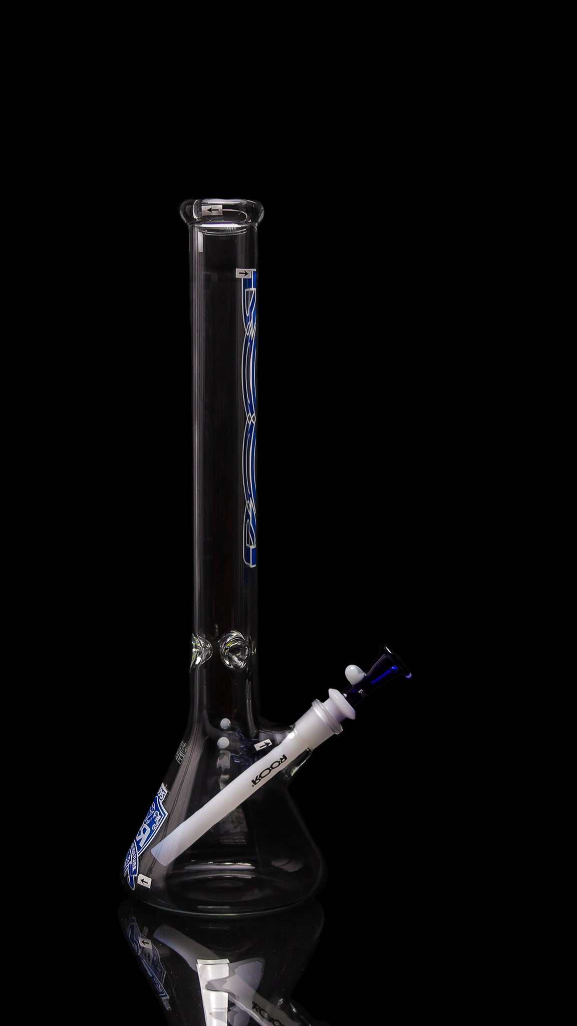 18" blue and white ROOR beaker from Intro Collector Series Ninety, featuring ice pinches and ROOR crest decal.