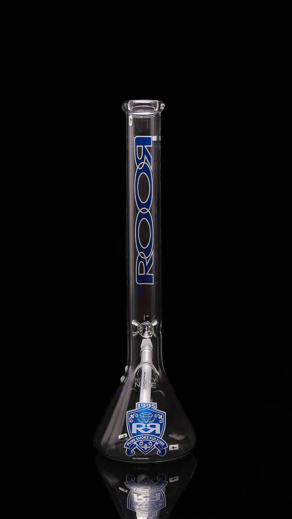 ROOR 18-inch beaker with blue and white decals from Intro Collector Series Ninety.