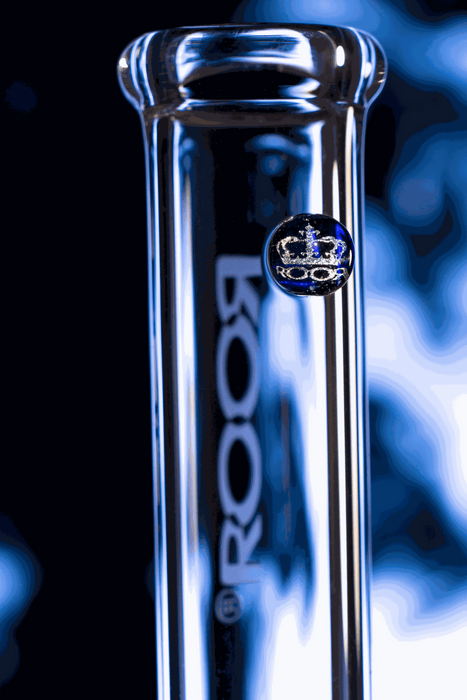 Clear ROOR® Custom 30th Anniversary 18" straight glass bong with narrowing marble and sandblasted logo