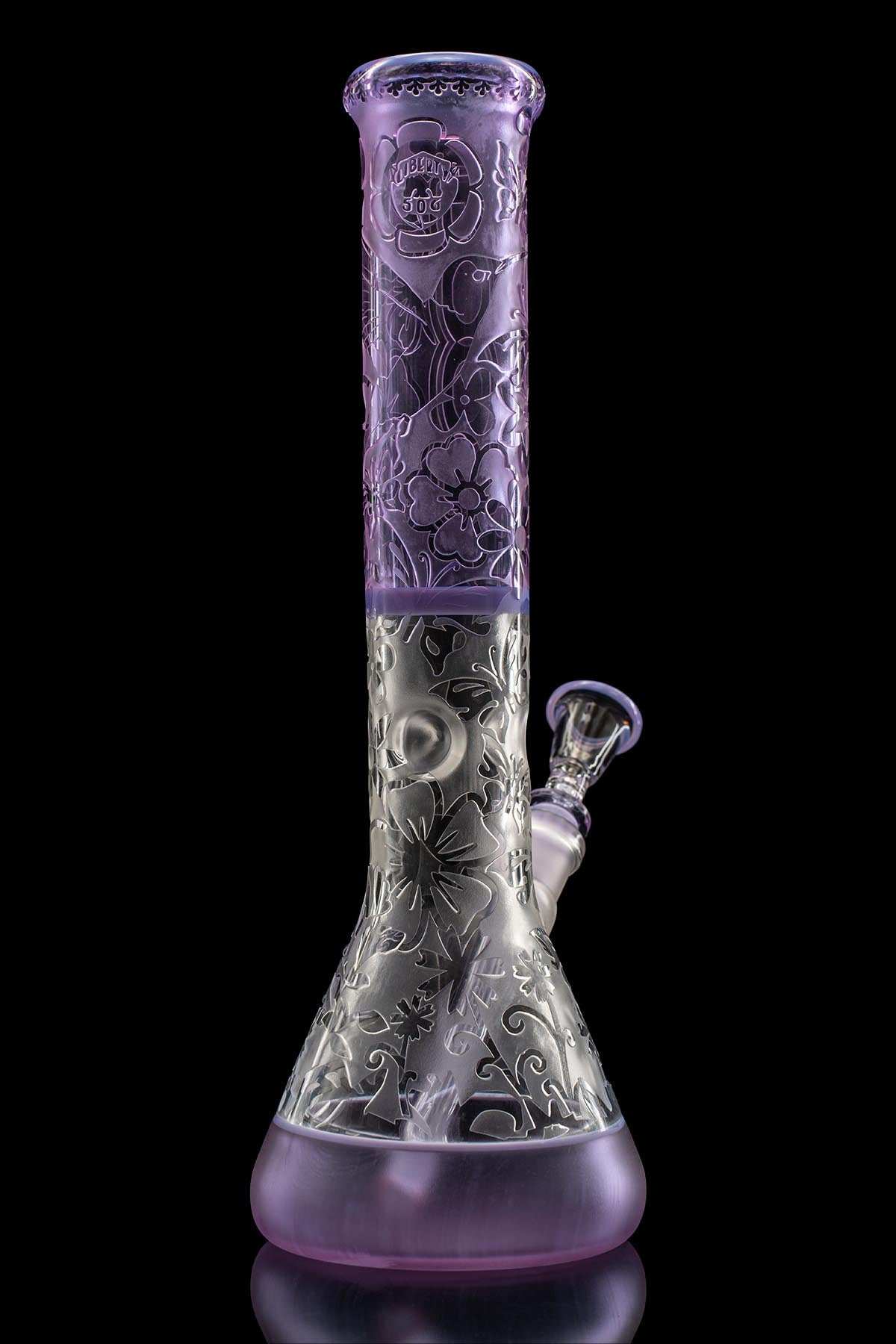 ROOR x Liberty 50G Paul Purple beaker with sandblasted hummingbird, butterflies, and flowers spring 2026 collaboration glass water pipe