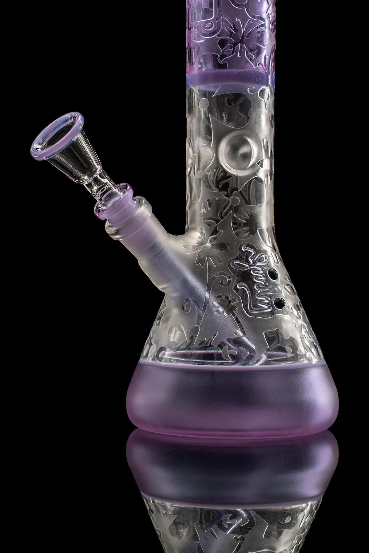ROOR x Liberty 50G Paul Purple beaker with sandblasted hummingbird and butterfly spring design, 14-inch purple glass water pipe.