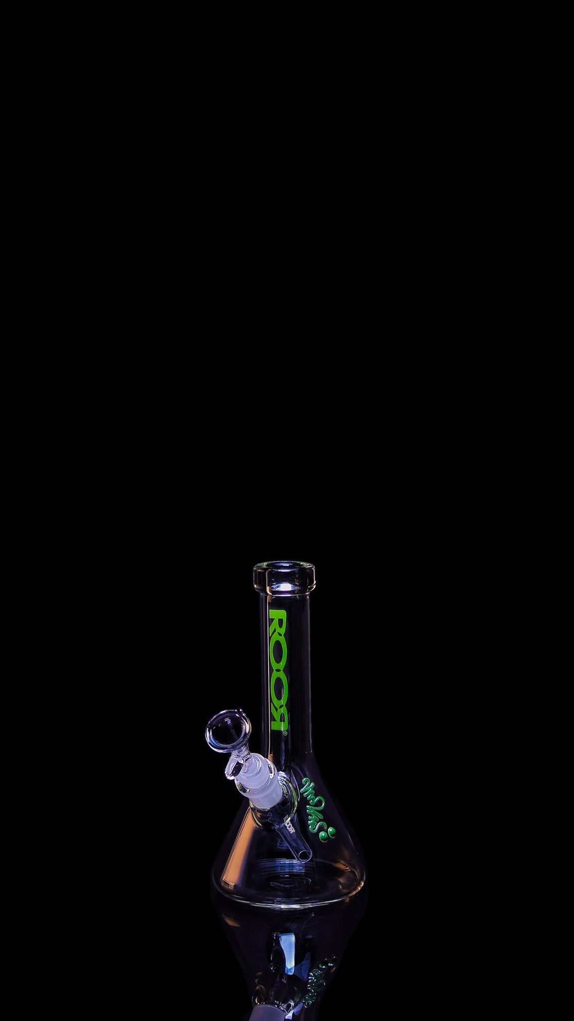 ROOR® Mini 10" Beaker 38x4mm Clear glass with green decal on black background.