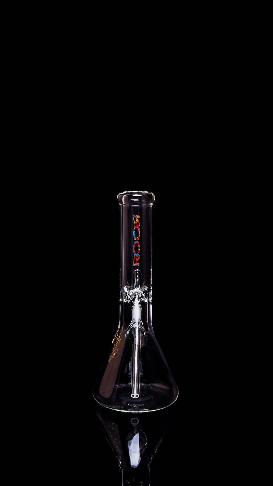 ROOR® Mini 10" Beaker 38x4mm Clear glass with decal on black background.