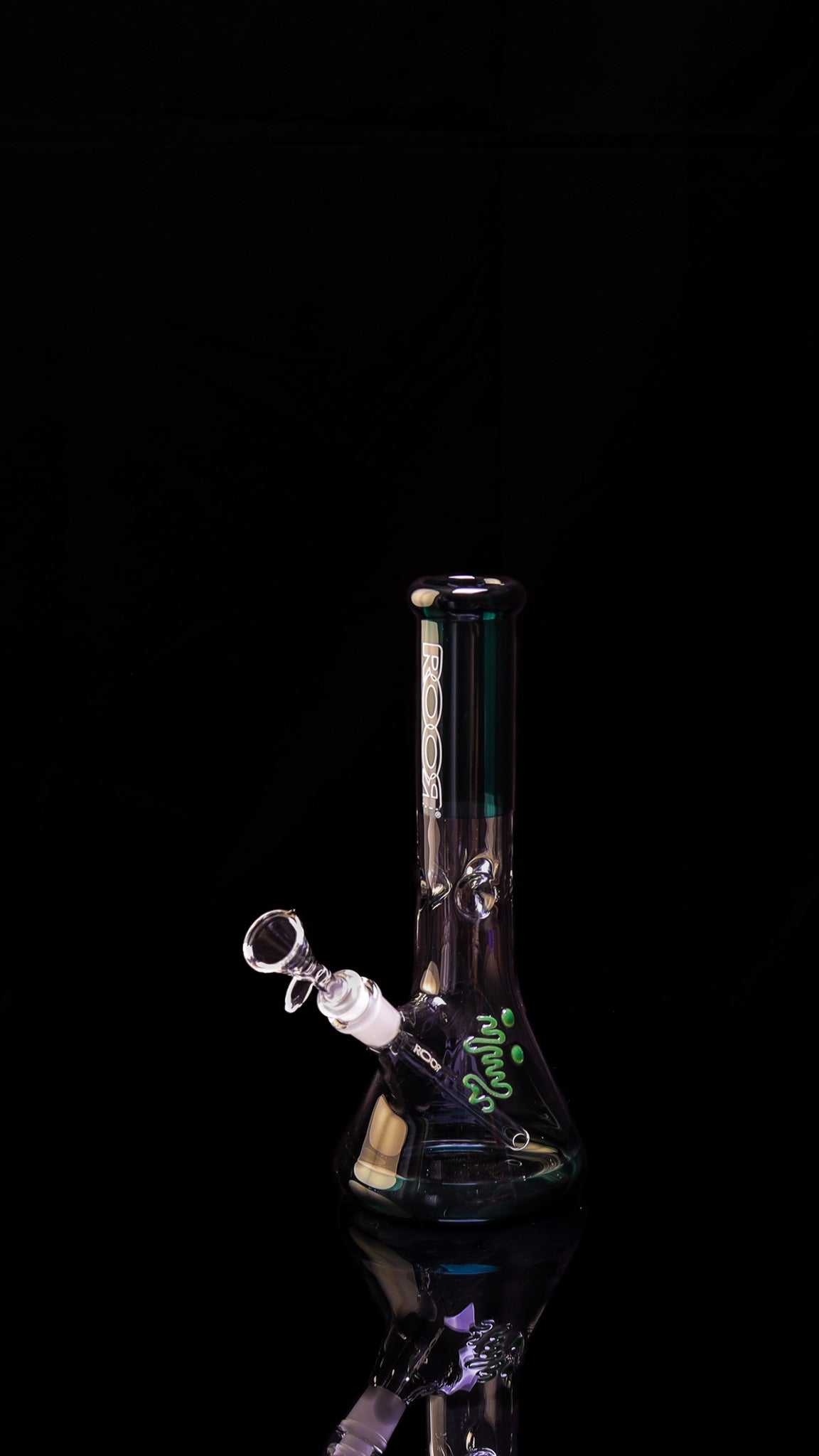 ROOR® Mini 10" Beaker 38x4mm Jade with signature decal and ice pinches on black background.
