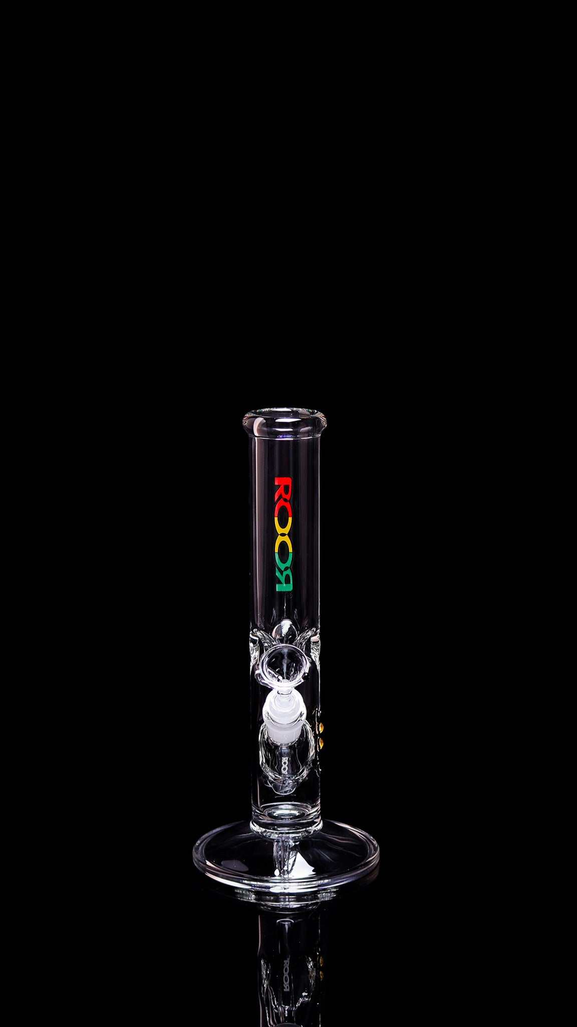 ROOR Mini 10-inch straight clear glass water pipe with Rasta decal and ice pinches