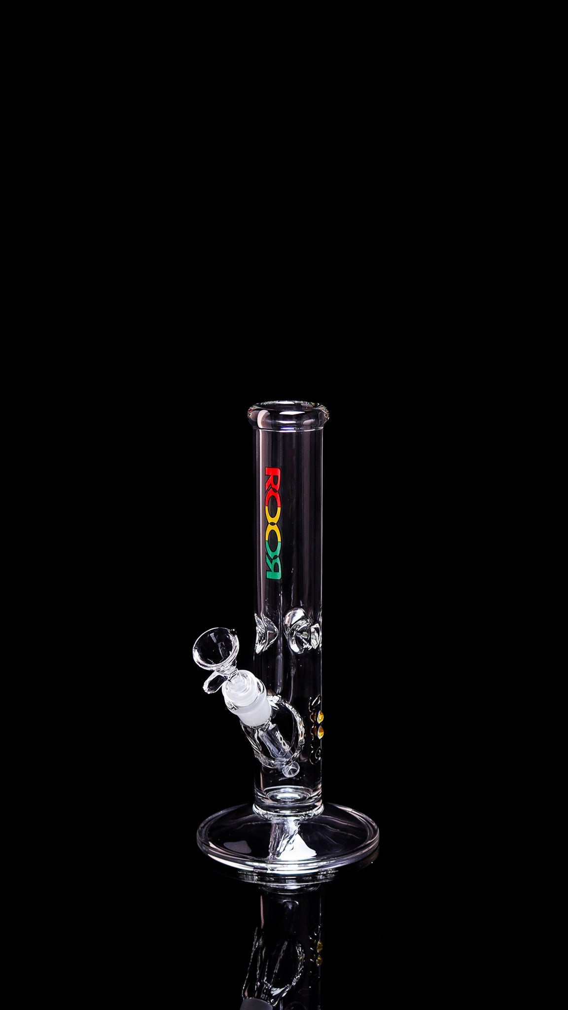 ROOR Mini 10-inch clear straight glass water pipe with 38x4mm German Schott glass and Rasta decal