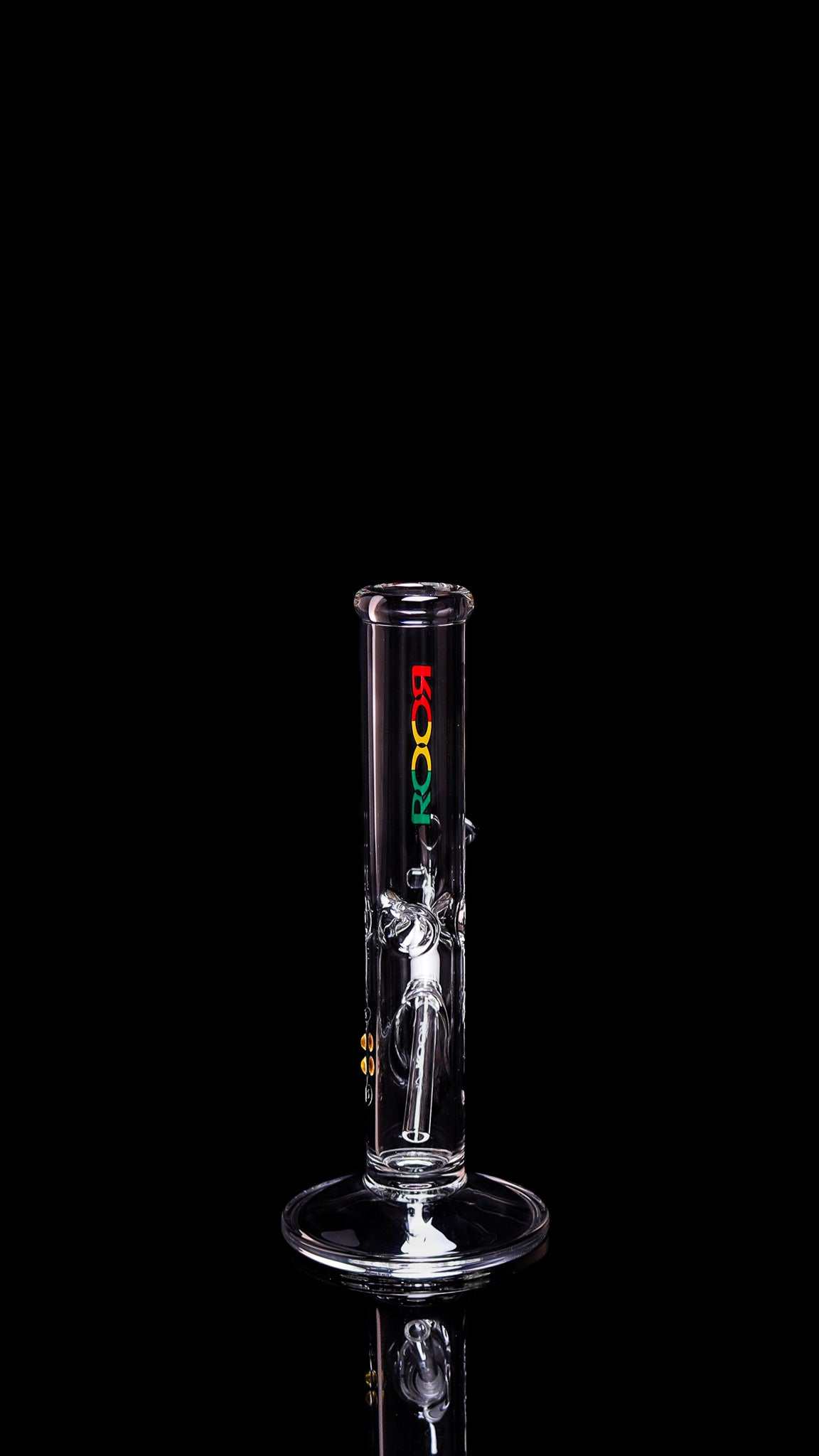 Clear ROOR® Mini 10" Straight glass bong with 38x4mm thickness and colorful logo on black background