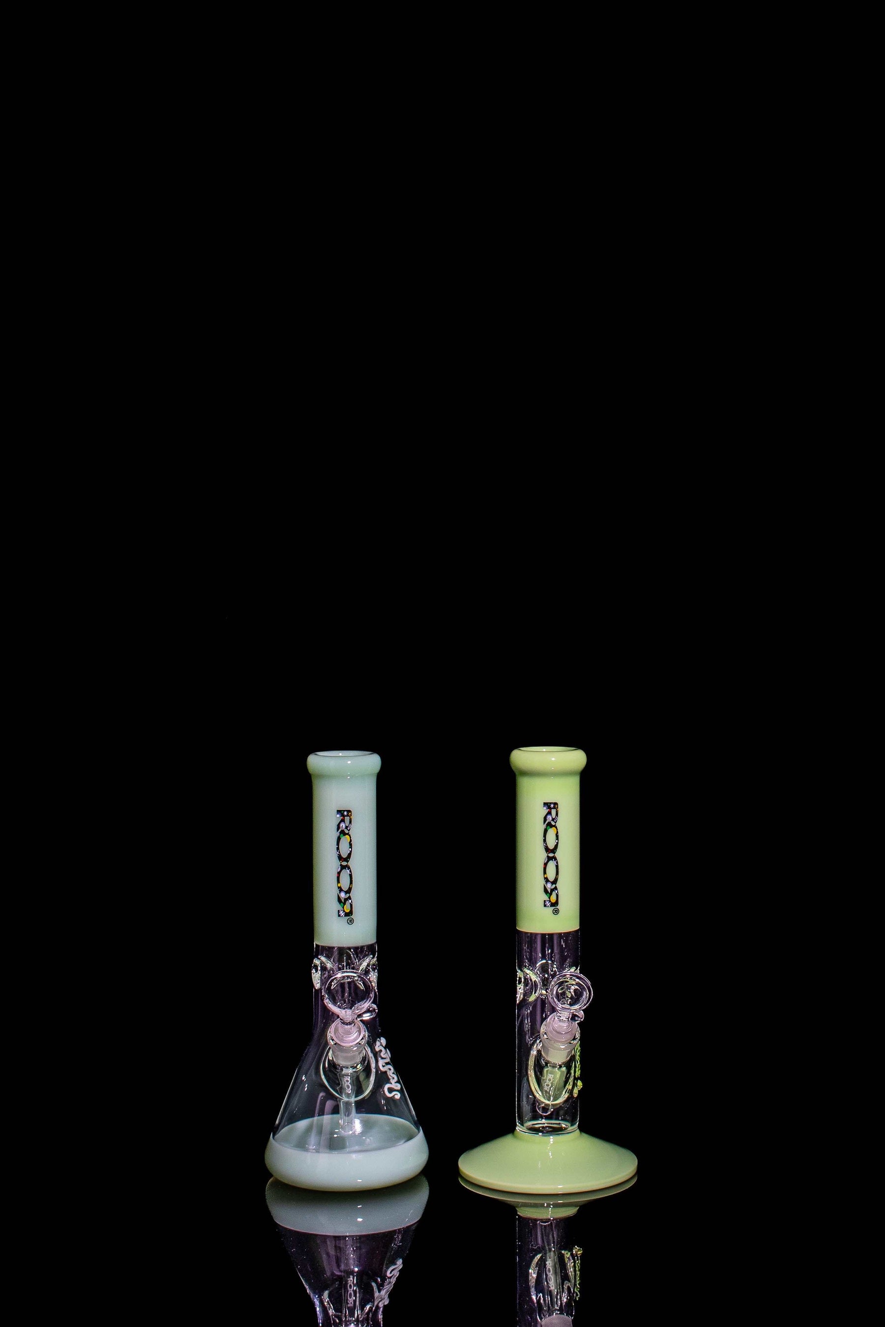 ROOR® Mini 10" Straight Milky Green glass water pipe with galaxy decal, featuring ice pinches for cooling smoke.