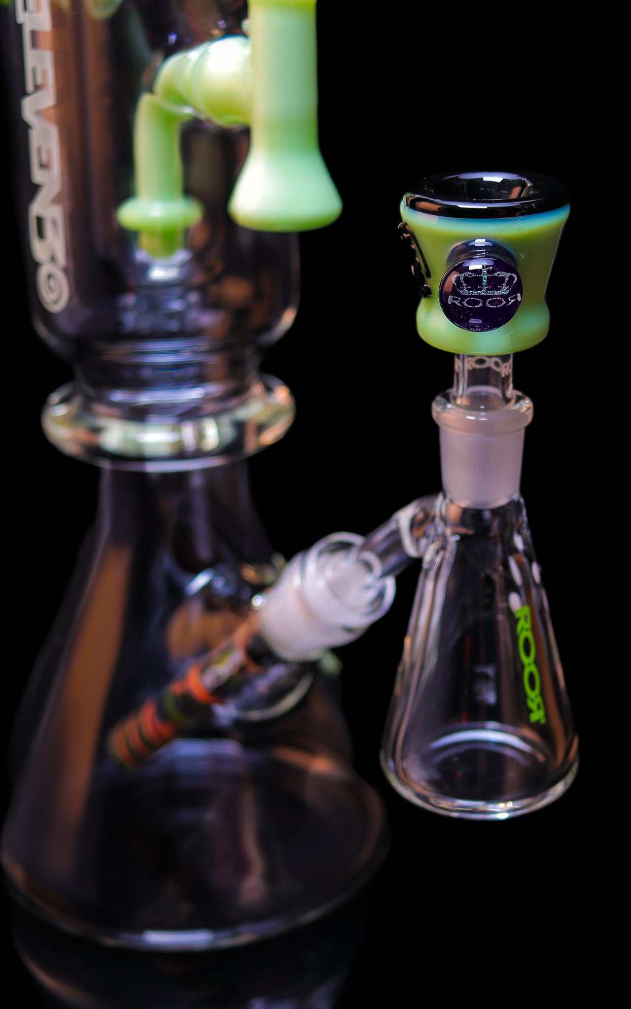 ROOR 1130 Beaker Green Ultimate Collectors Set glass water pipe with green accents and detailed bowl piece.