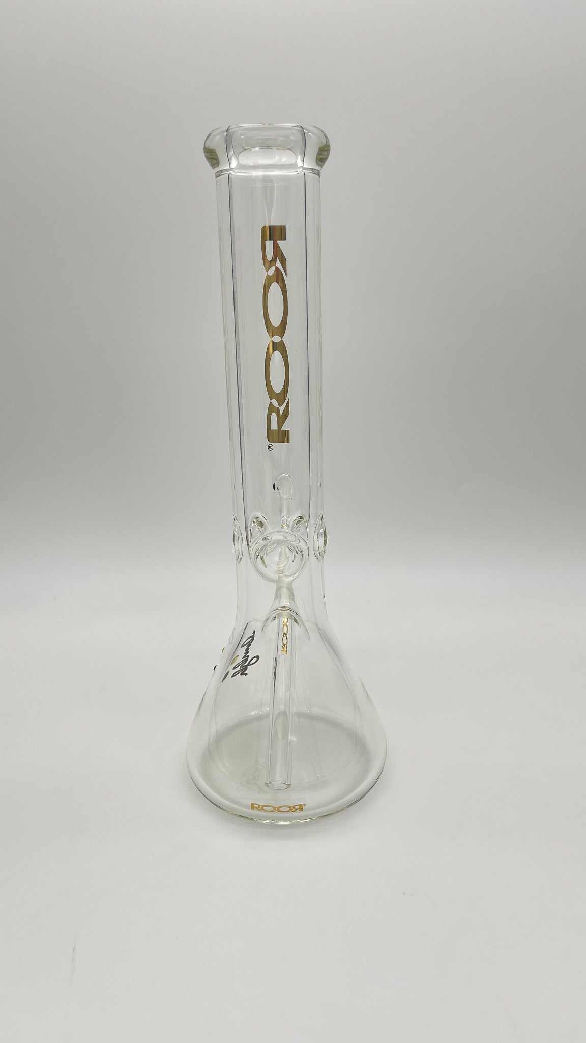 ROOR Classic 14" beaker with gold decal and matching accessories including downstem and funnel bowl