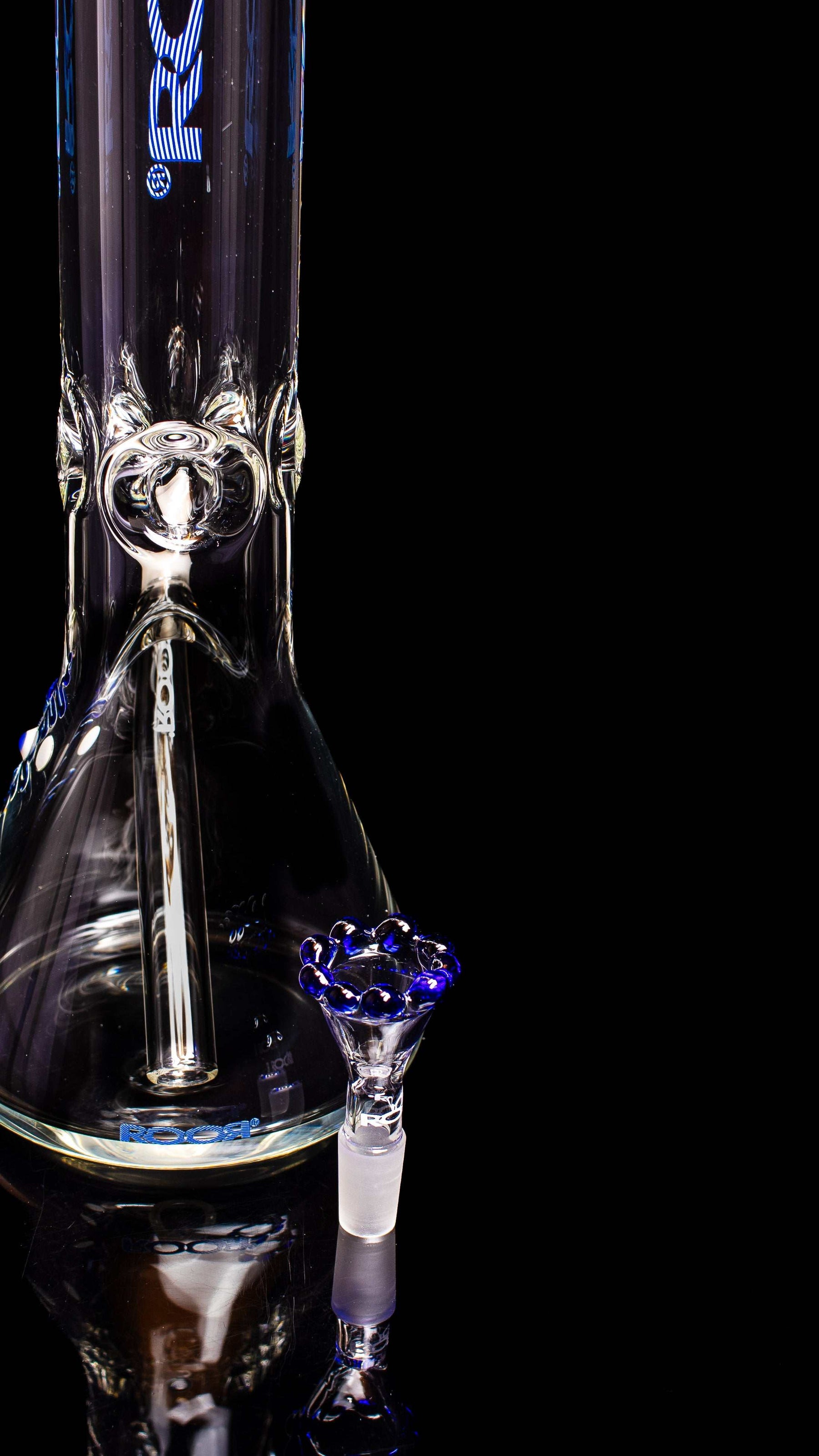 ROOR Classic 14" Beaker 50x9mm Too Blue glass bong with blue crown bowl and ice pinches