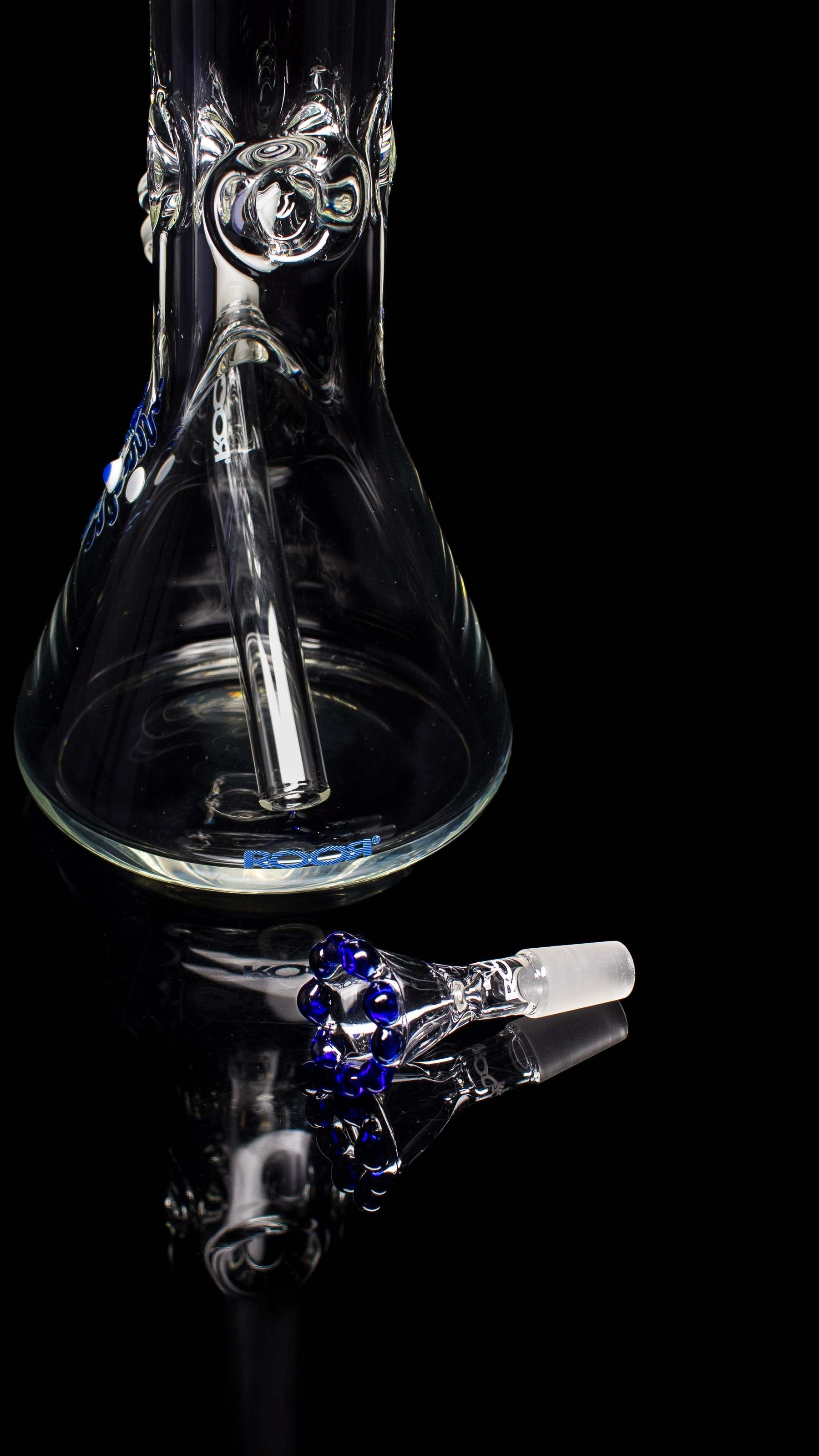 ROOR Classic 14" Beaker 50x9mm Too Blue glass water pipe with blue crown bowl and ice pinches
