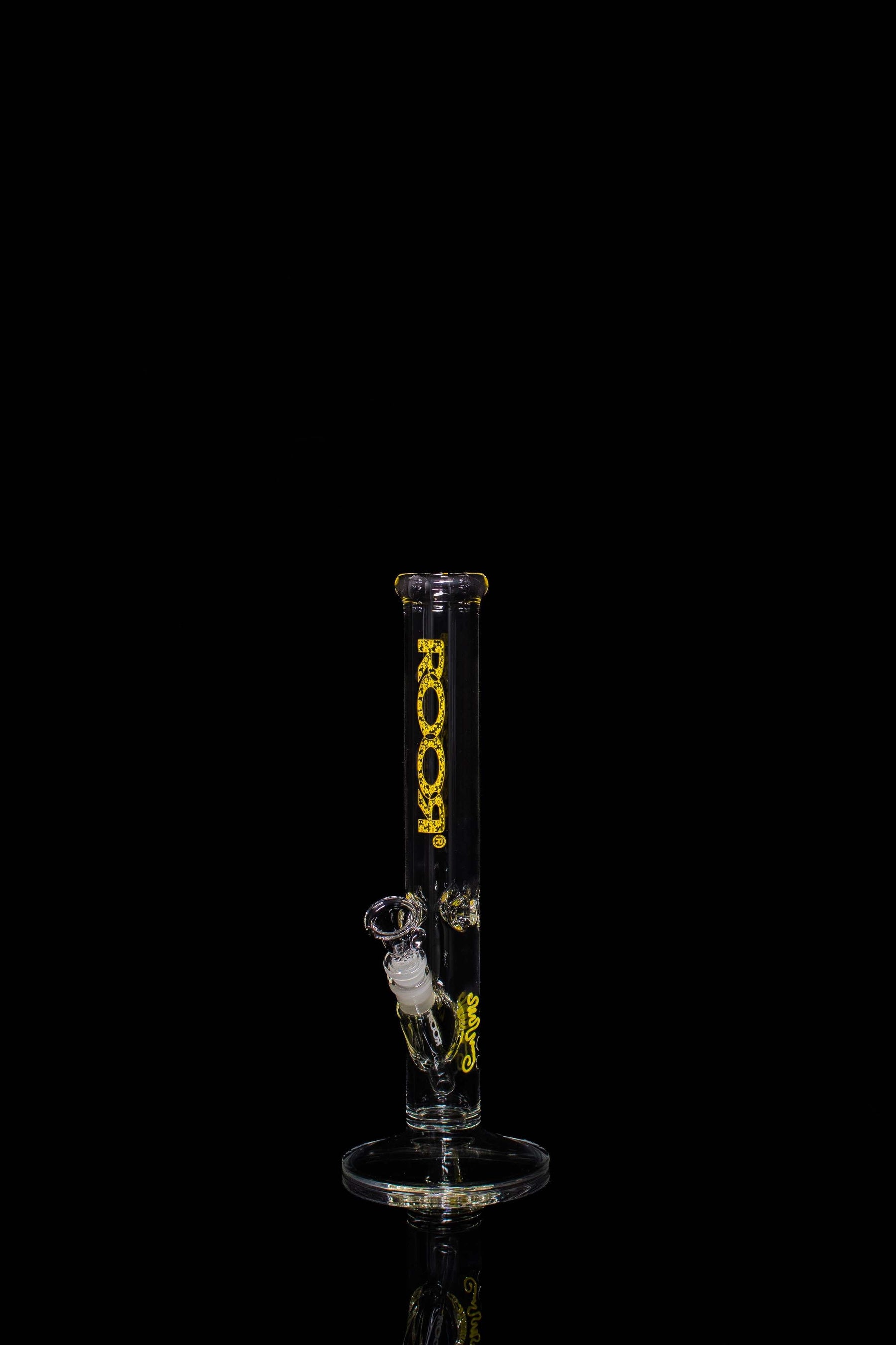 ROOR® Classic 14" Straight 45x5mm Daisy glass tube with yellow decal on a black background.
