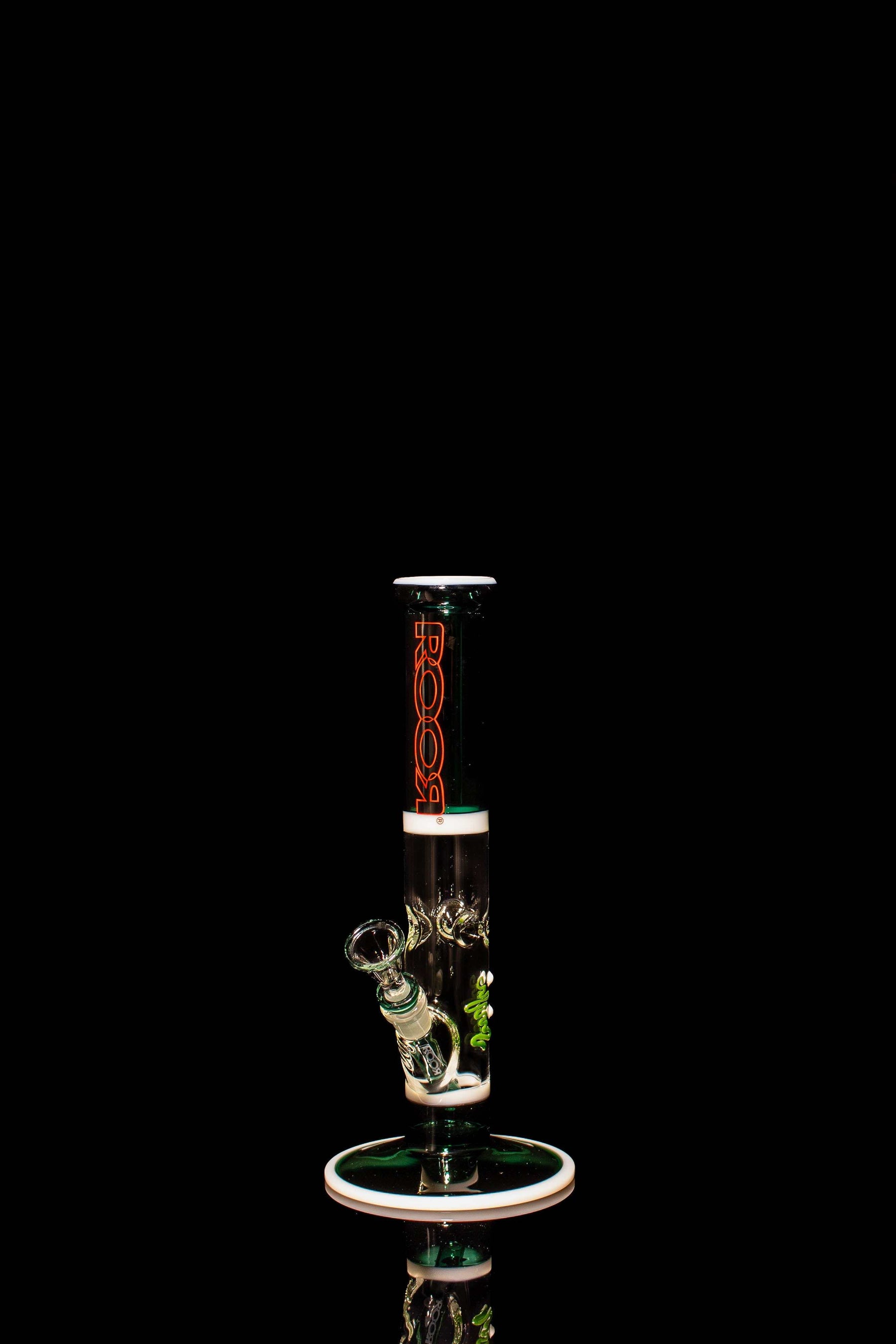 ROOR® Classic 14" Straight Glass Pipe in Jade, White, and Black with Red Decal on Black Background.
