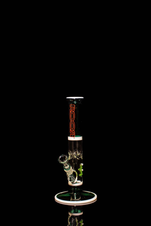 ROOR® Classic 14" Straight Glass Pipe in Jade, White, and Black with Red Decal on Black Background.