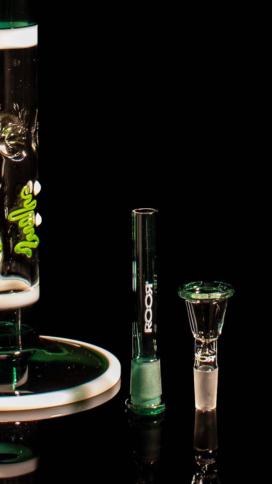 ROOR® Classic 14" Straight glass tube with Jade, White, Black colors and Red Outline Decal, diffused downstem, and rim bowl on black background.