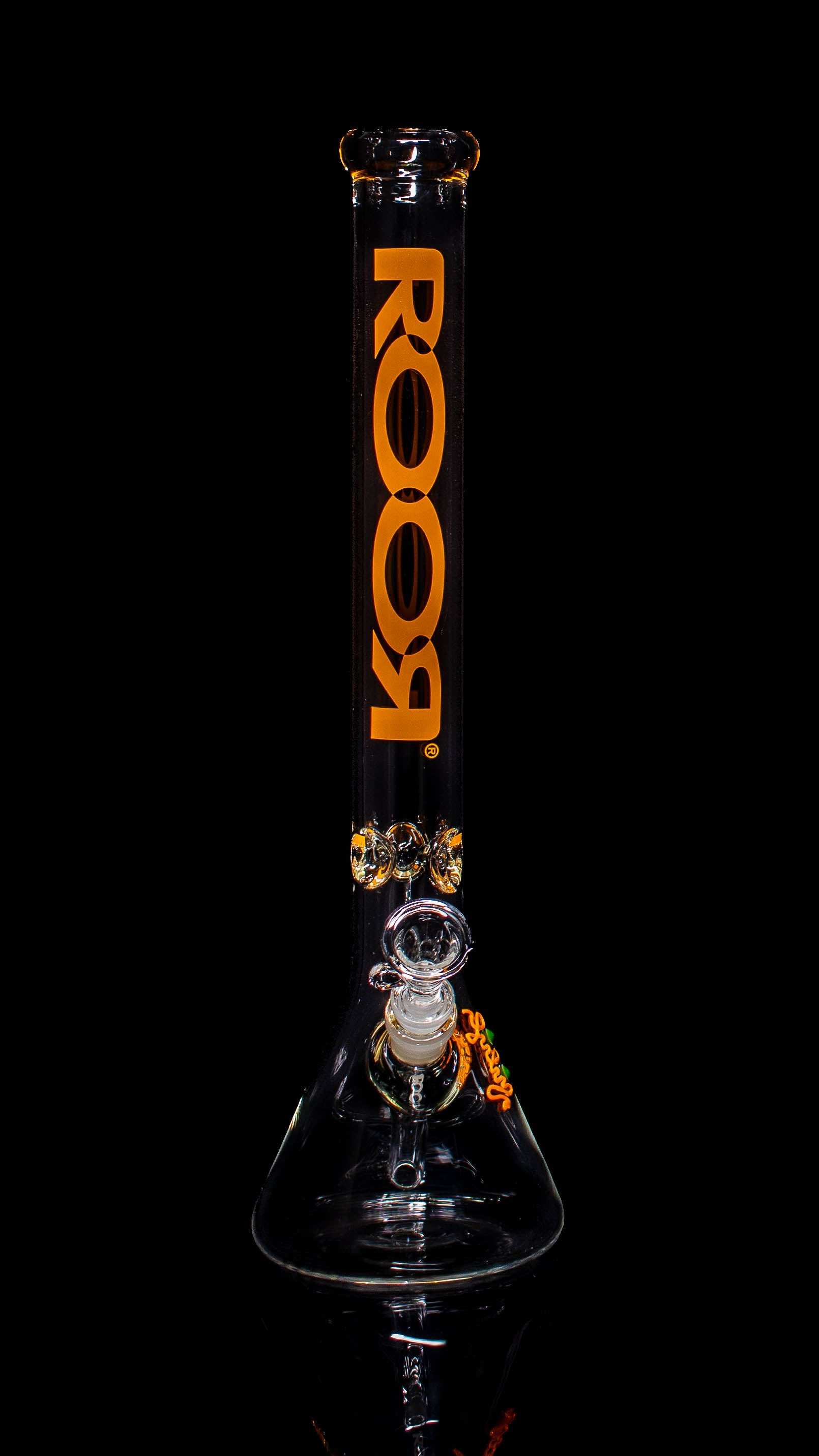 ROOR® Classic 18" Beaker with orange decal, made of 45x5mm German Schott glass, featuring unique signature and ice pinches.