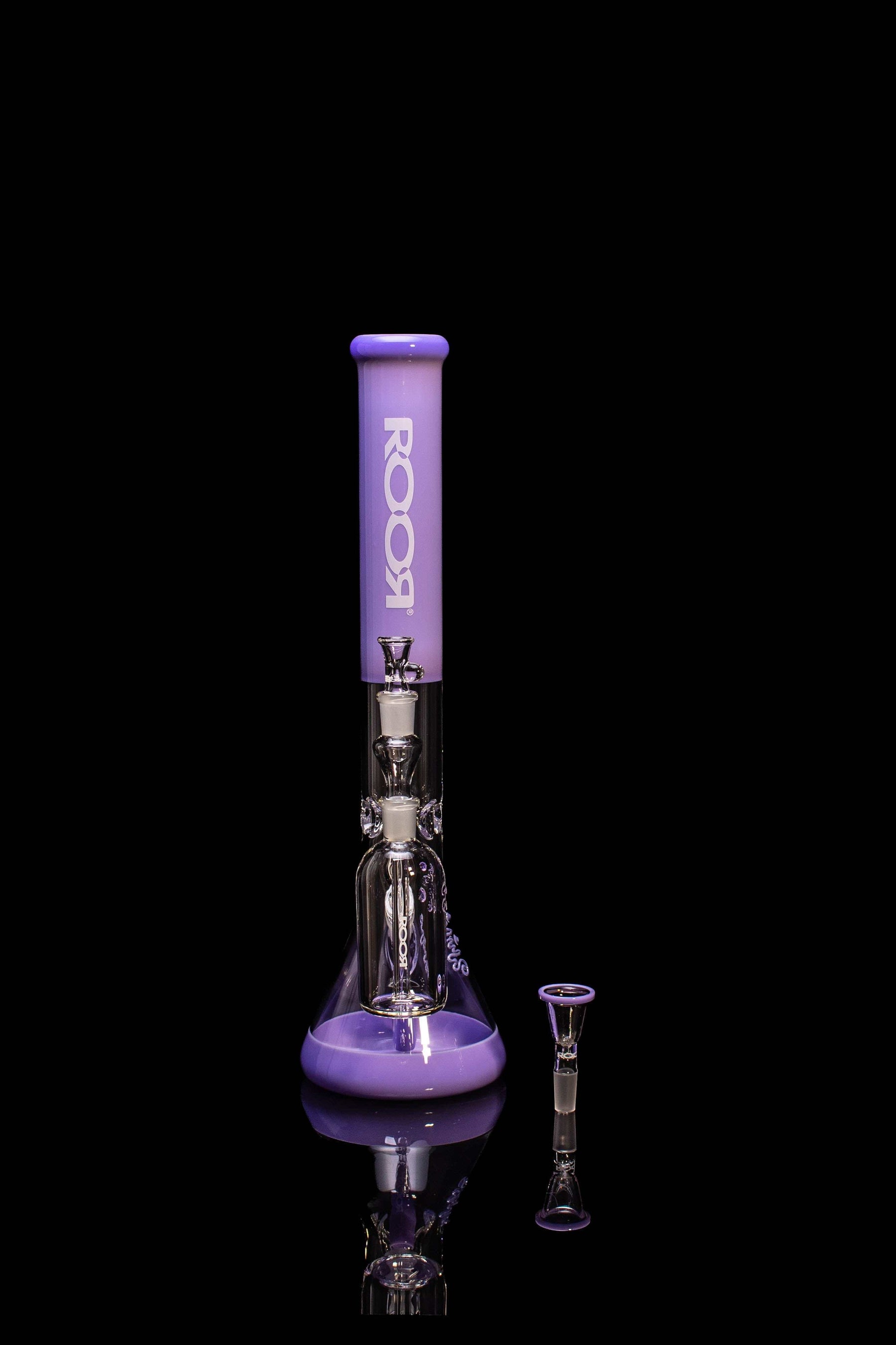 Exclusive ROOR 18” purple beaker with white label and ashcatcher, collectors bundle set.