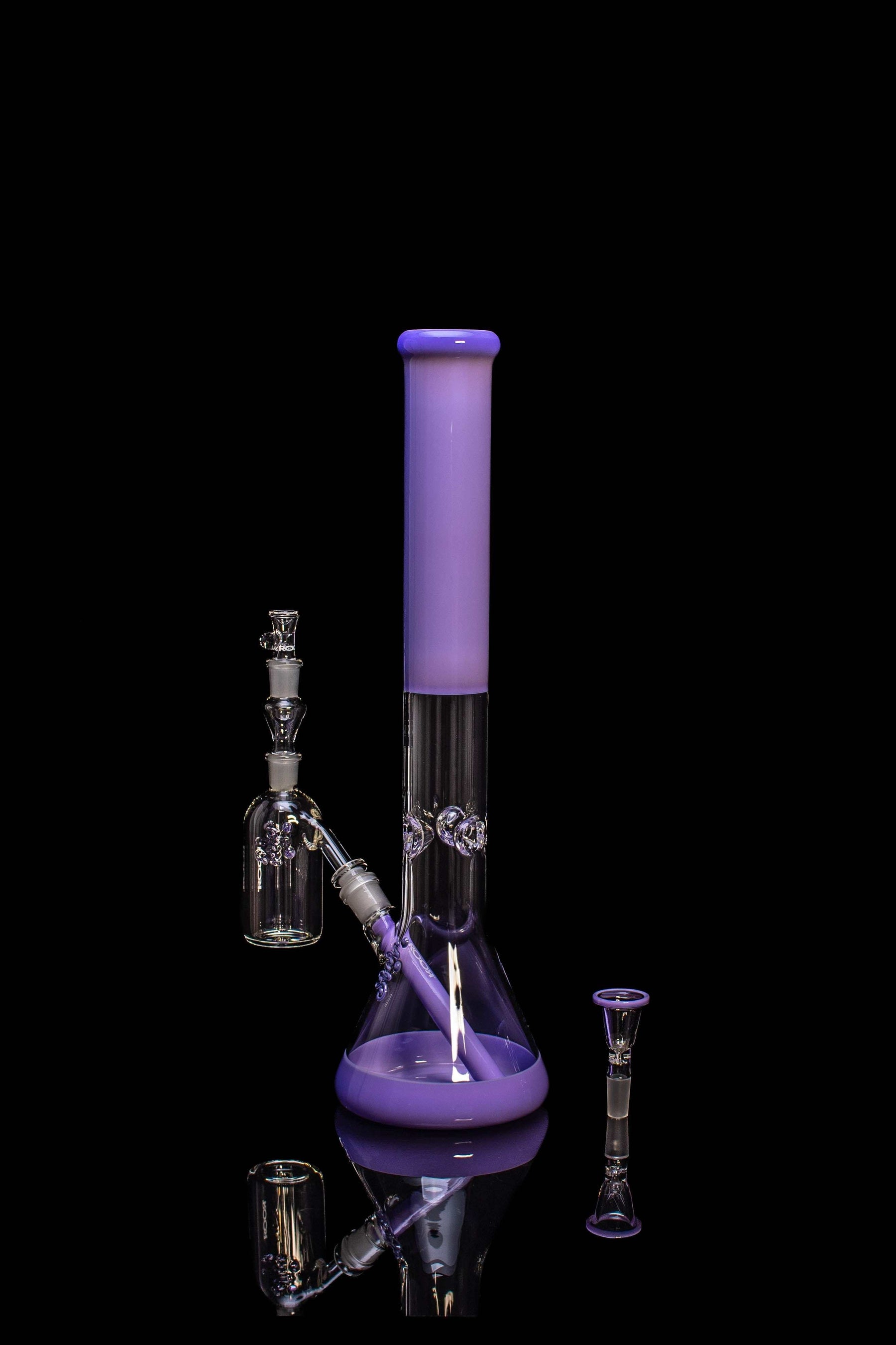 Exclusive collectors bundle with ROOR 18” beaker, full purple, white label, and 45x5 14mm ashcatcher.
