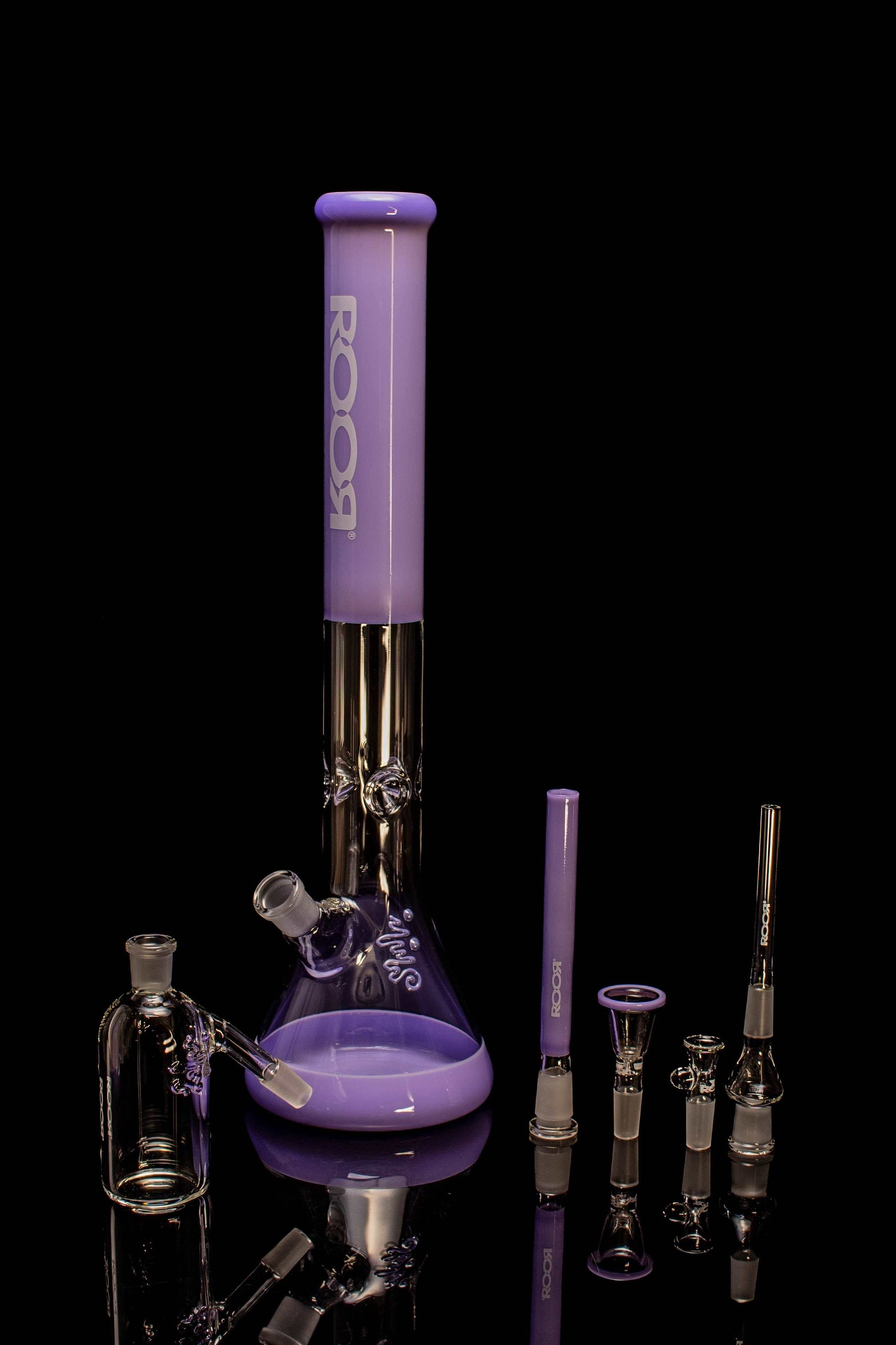 Exclusive ROOR 18” Beaker set with full purple, white label and 14mm ashcatcher on black background.