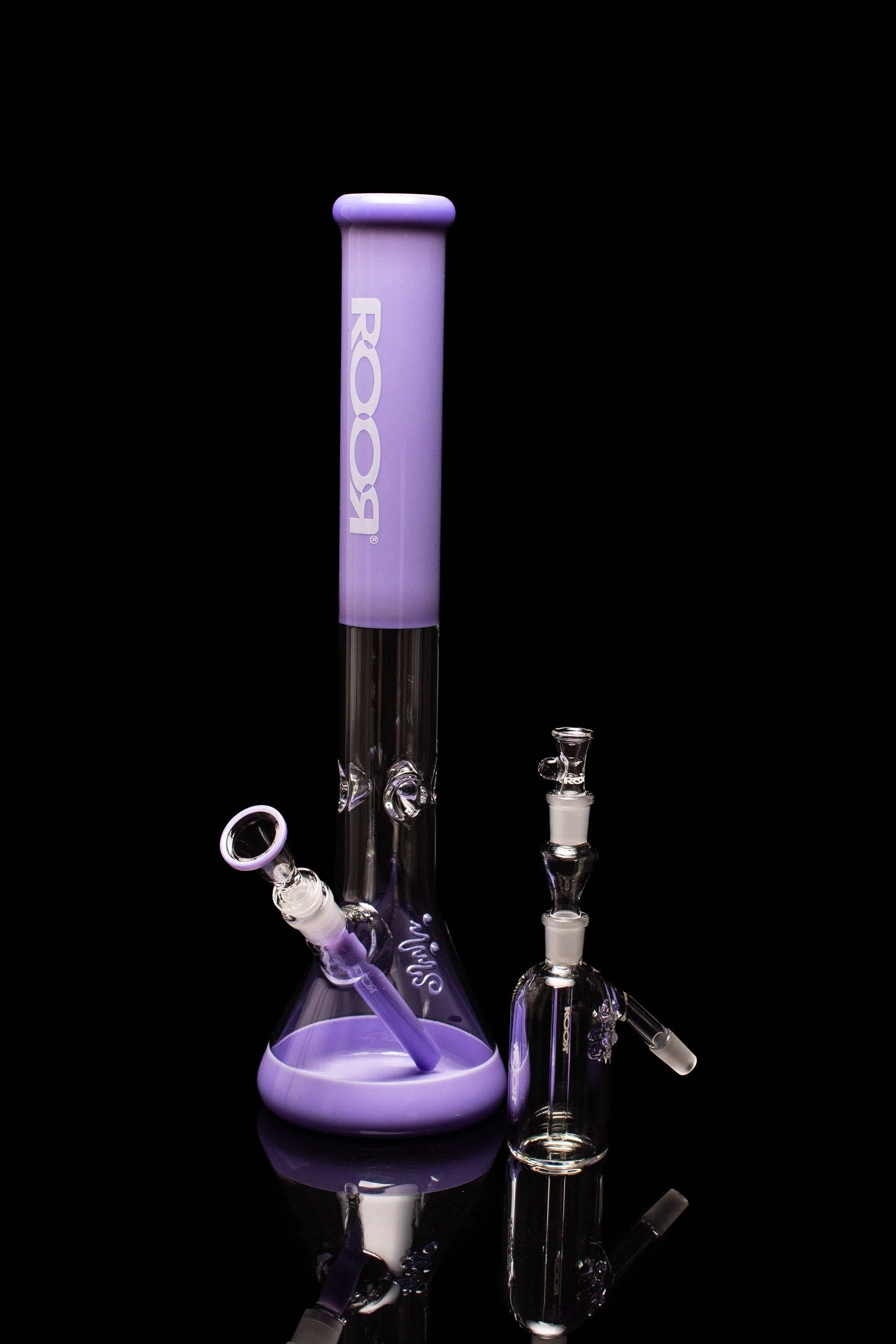Exclusive ROOR 18” Beaker 50x5 Full Purple White Label with 45x5 14mm Ashcatcher bundle set.