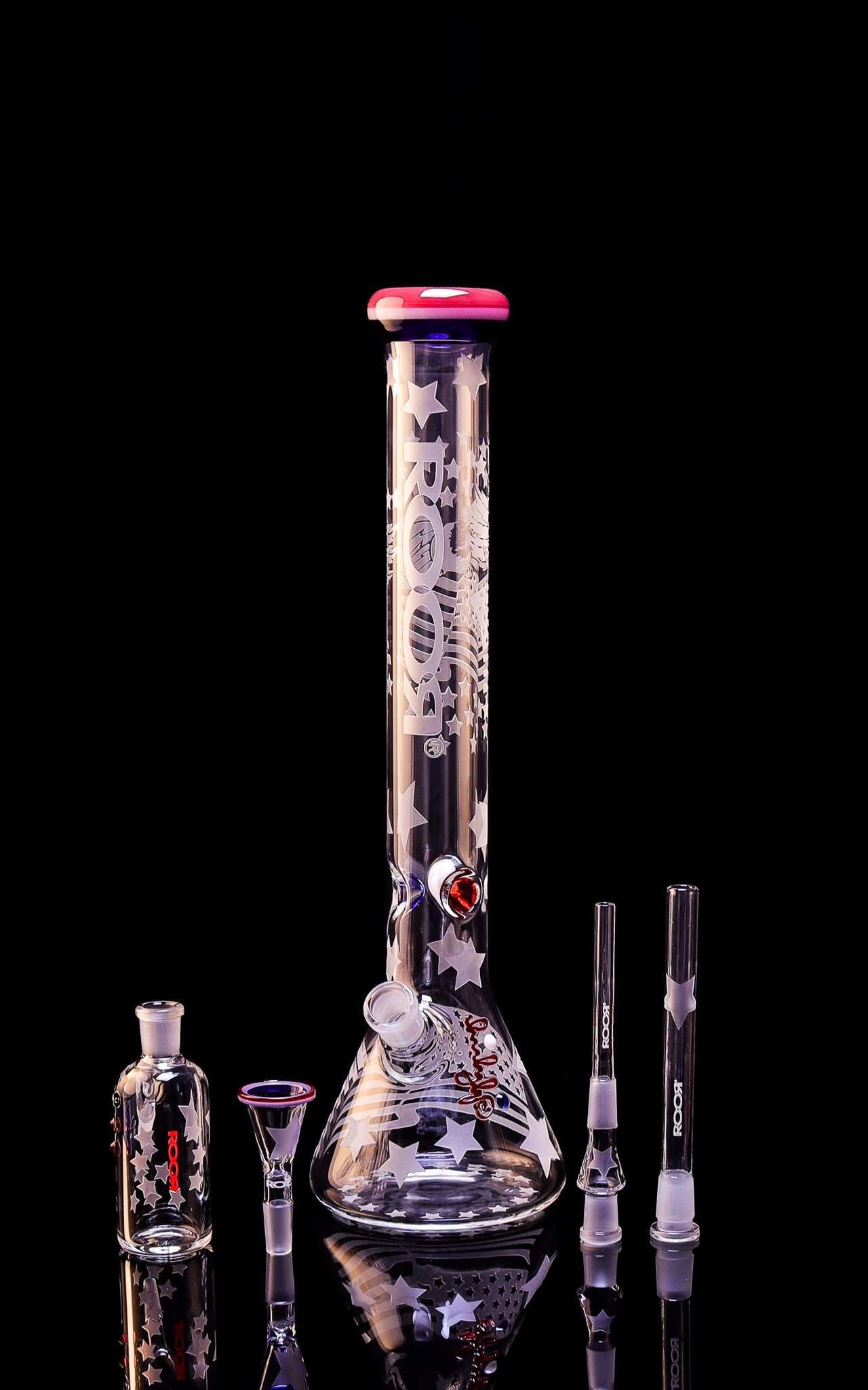 ROOR Strains Presidential 18-inch beaker bong and matching 14mm ashcatcher with custom sandblasted design and colored accents.