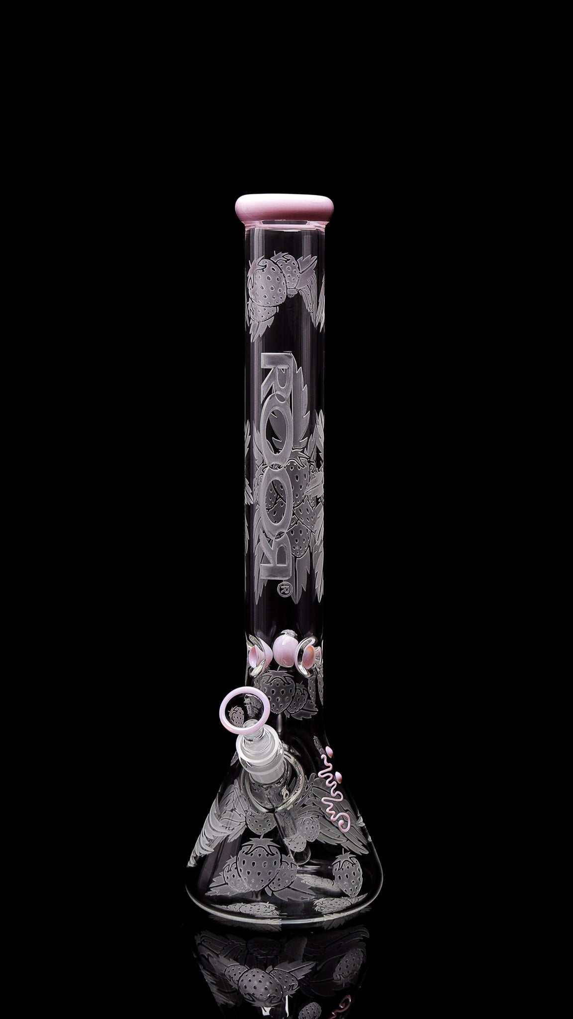 Collectors set - ROOR® Strains Strawberry Dream 18” beaker with matching 14mm ashcatcher, custom sandblasted design.