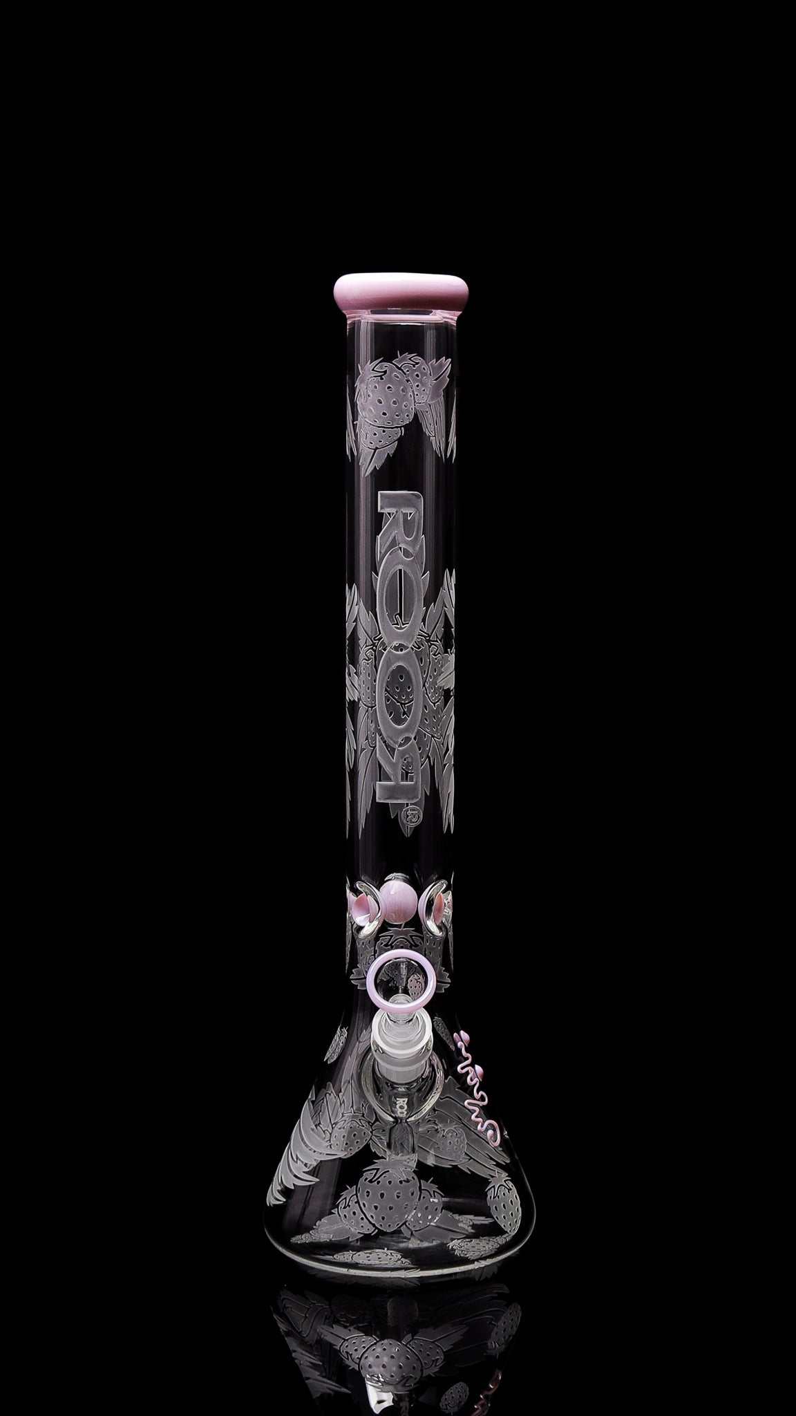 Collectors Set - ROOR® Strains Strawberry Dream 18” Beaker with Sandblasted Design and Matching 14mm Ashcatcher.