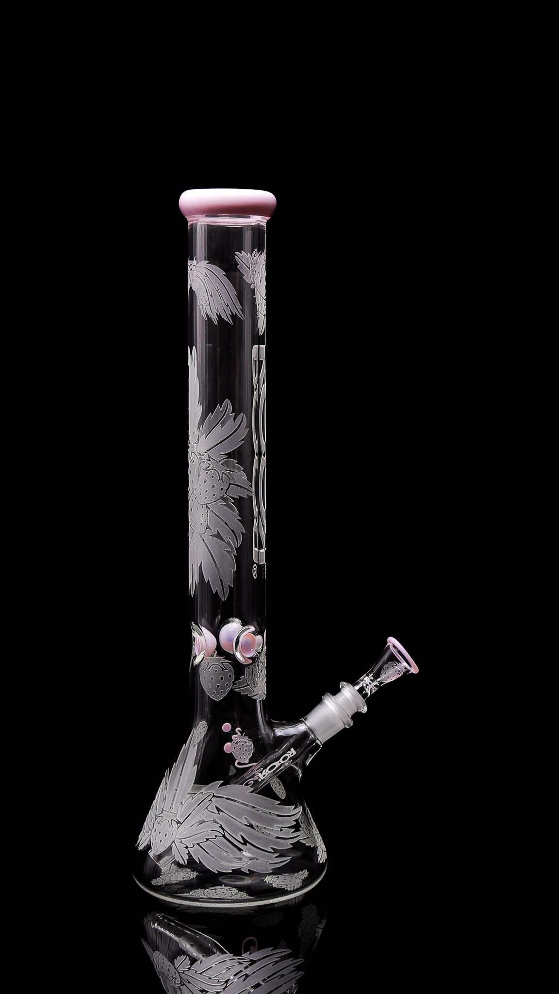 Collectors Set - ROOR® Strains Strawberry Dream 18” Beaker with Matching 14mm Ashcatcher, sandblasted glass design.