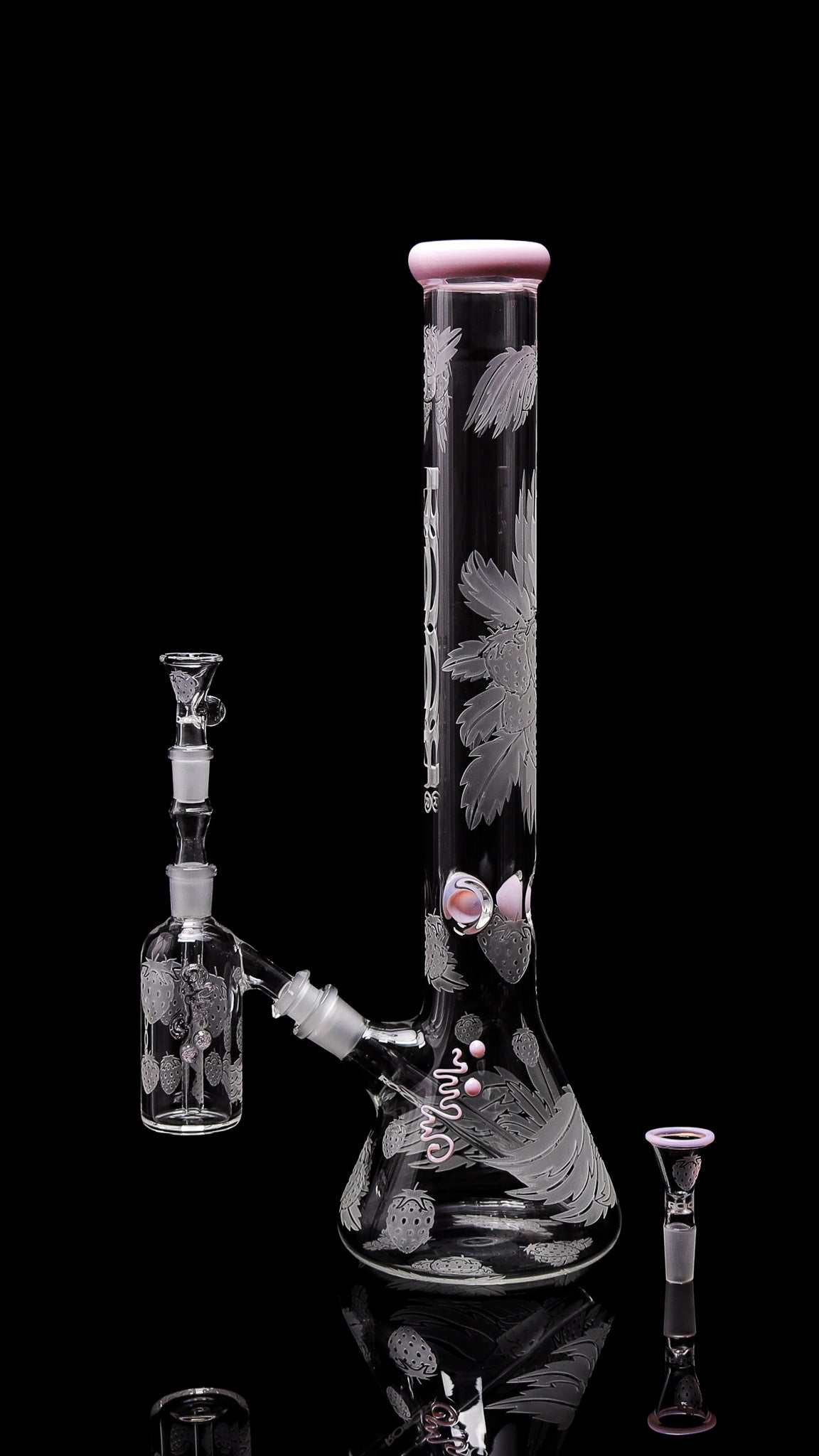 Collectors Set - ROOR® Strains Strawberry Dream 18” Beaker and Ashcatcher with Sandblasted Design.