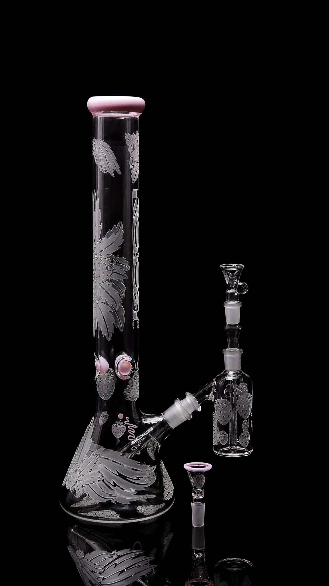 Collectors Set - ROOR® Strains Strawberry Dream 18” Beaker with Matching Strawberry Ashcatcher, sandblasted glass design.