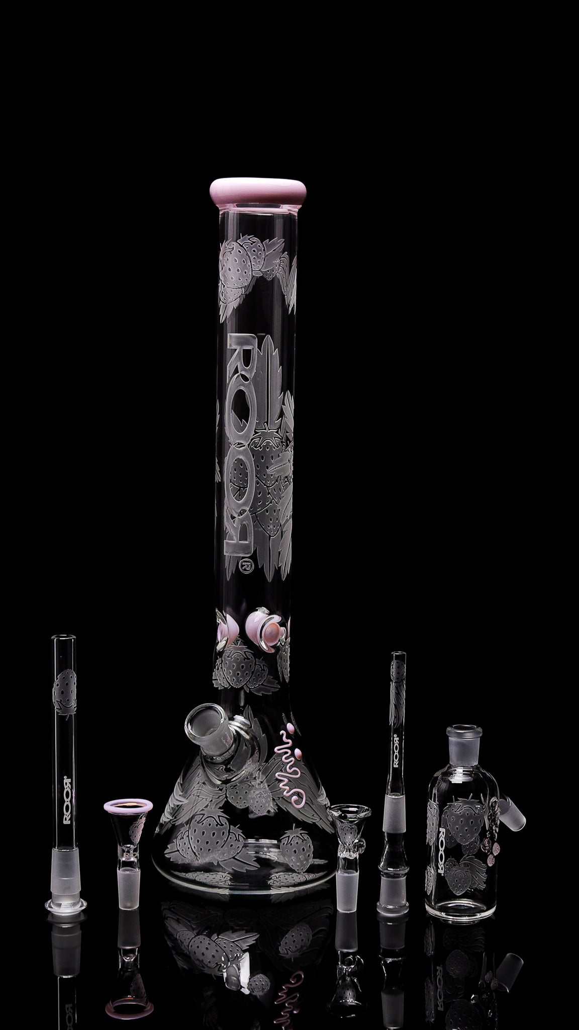 Collectors Set ROOR® Strains Strawberry Dream 18” Beaker with Matching 14mm Ashcatcher.
