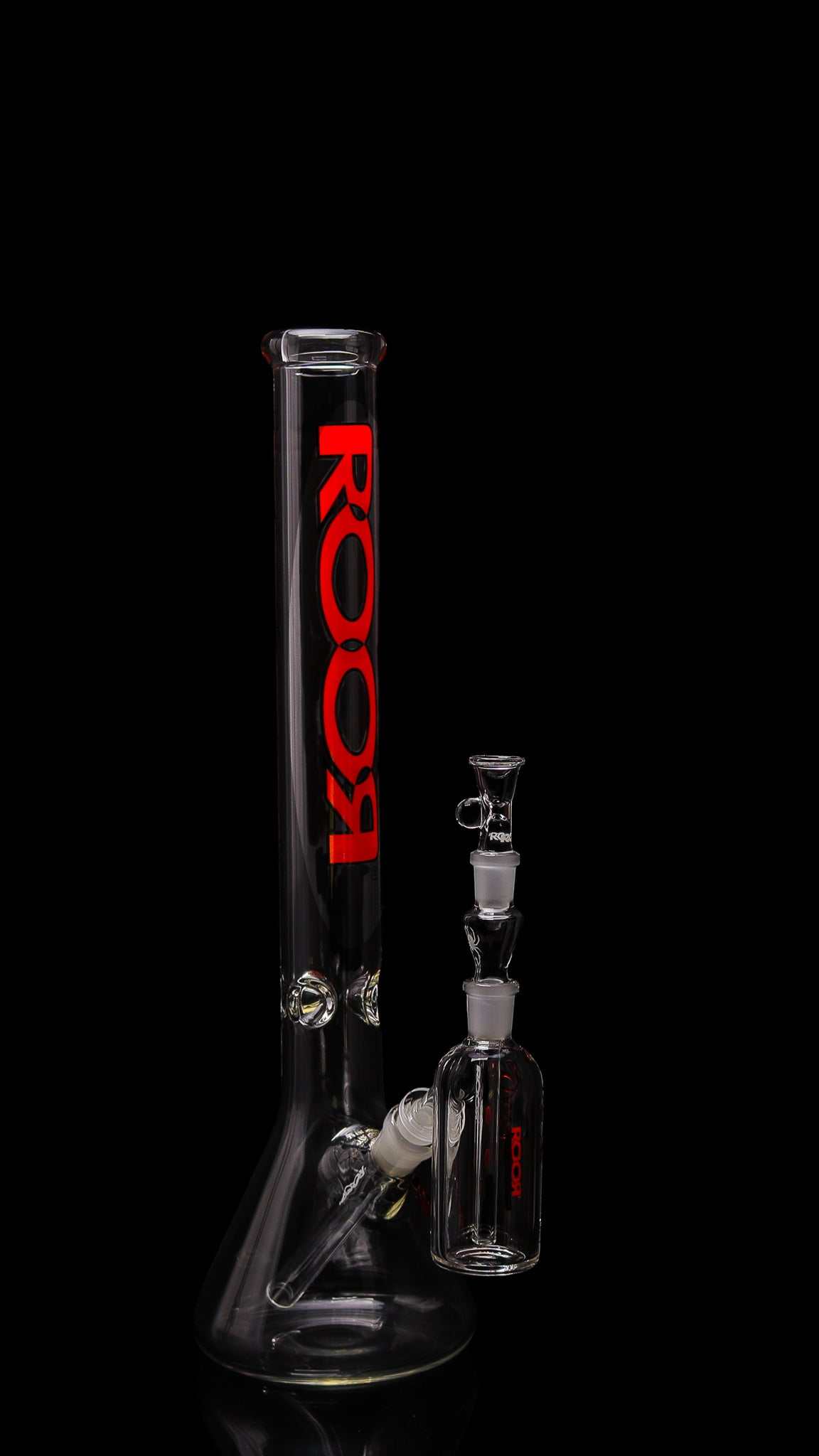 Collectors bundle set featuring ROOR® 18” beaker base with red black outline label and matching ashcatcher.