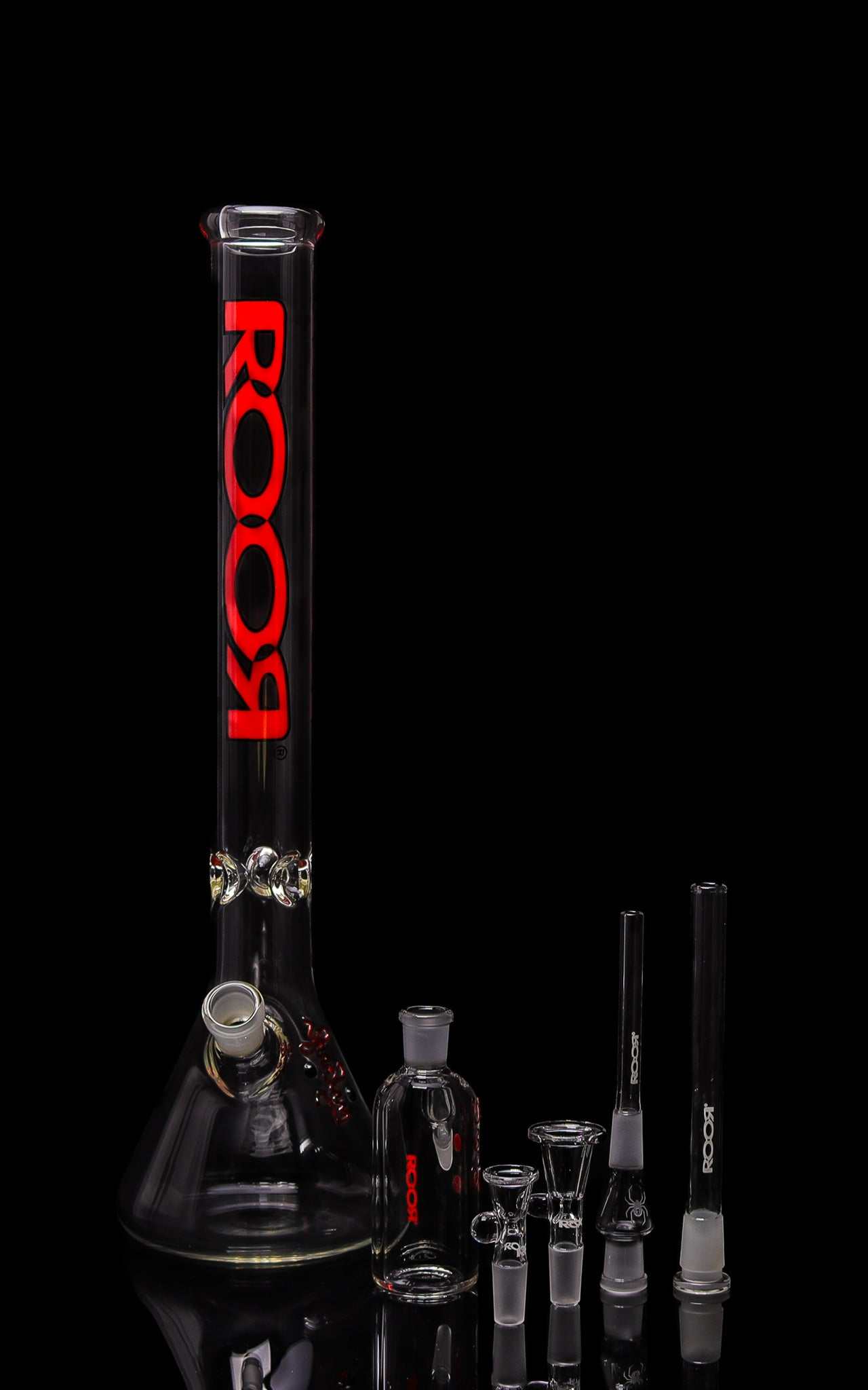 Exclusive Collectors Bundle Set - ROOR® 18” Beaker Base with Red Black Outline Label & Matching Ashcatcher 45x5 14mm, featuring premium German Schott glass components.