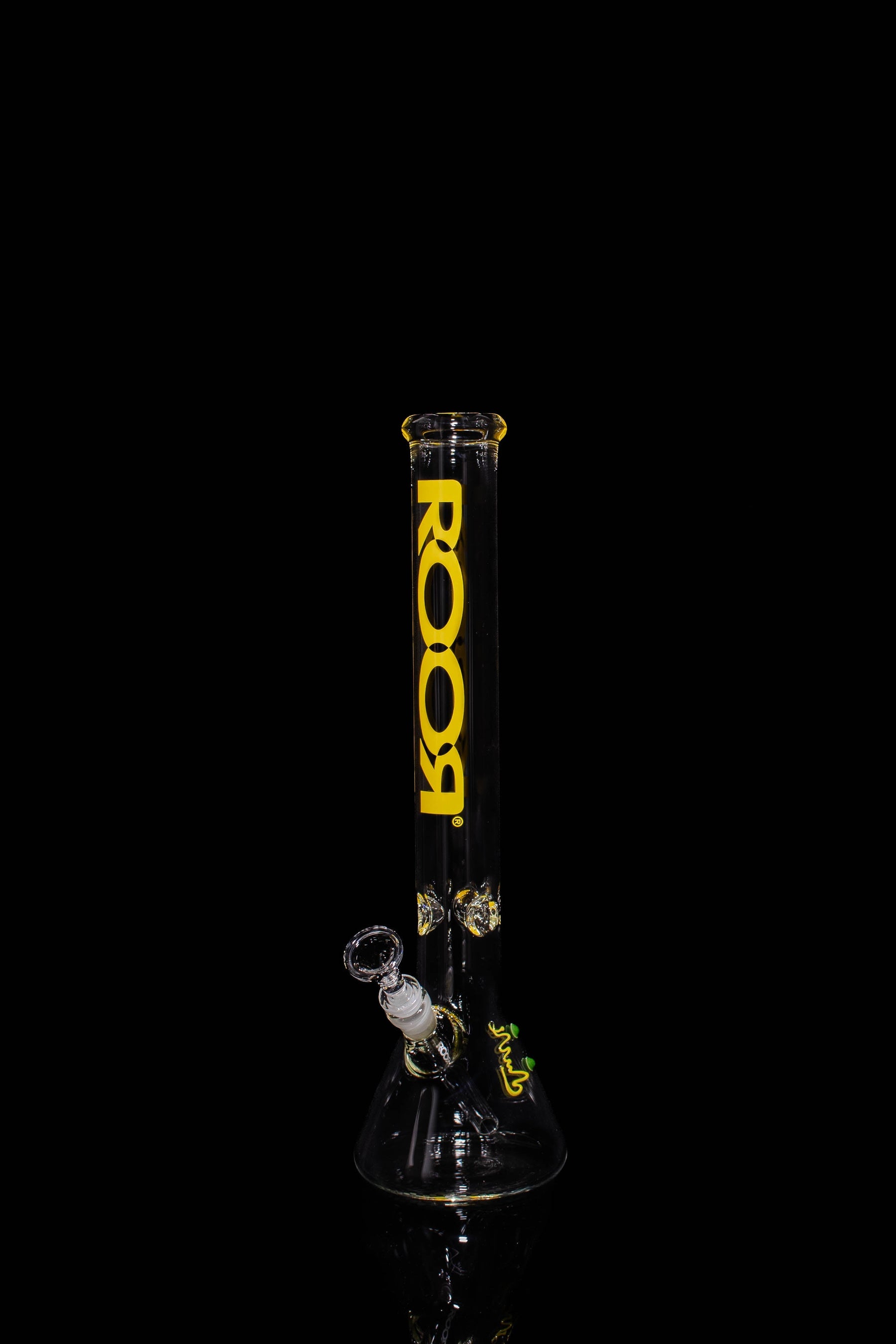 ROOR® Classic 18" Beaker 50x5mm Yellow glass bong with unique signature and ice pinches.