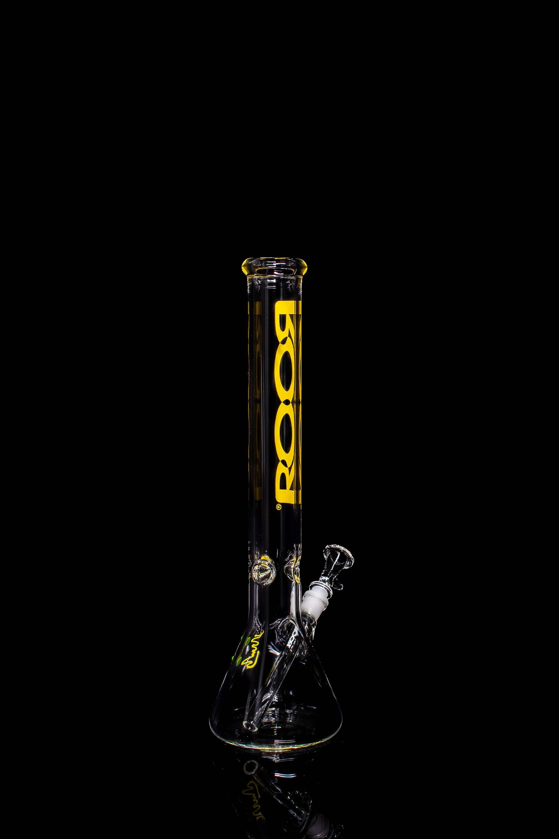 ROOR® Classic 18" Beaker with yellow decal, 50x5mm glass, and ice pinches for cooling hits.