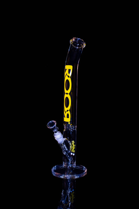 ROOR® Classic 18" Straight 45x5mm Bent Neck Yellow glass pipe with ice pinches and yellow decal.