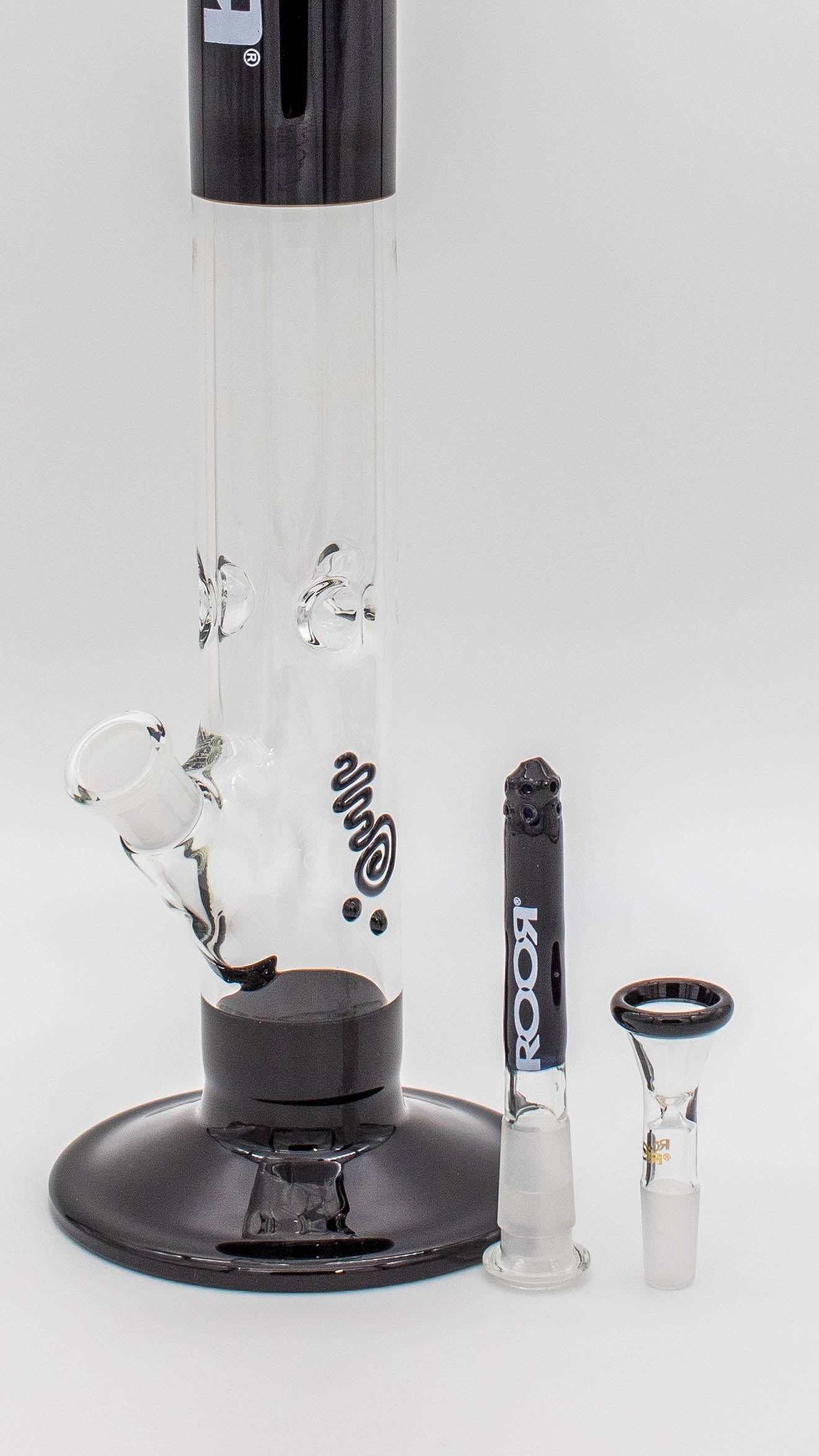 ROOR® Classic 18" Straight Bong in Black Accent, 50x5mm glass with White Decal.