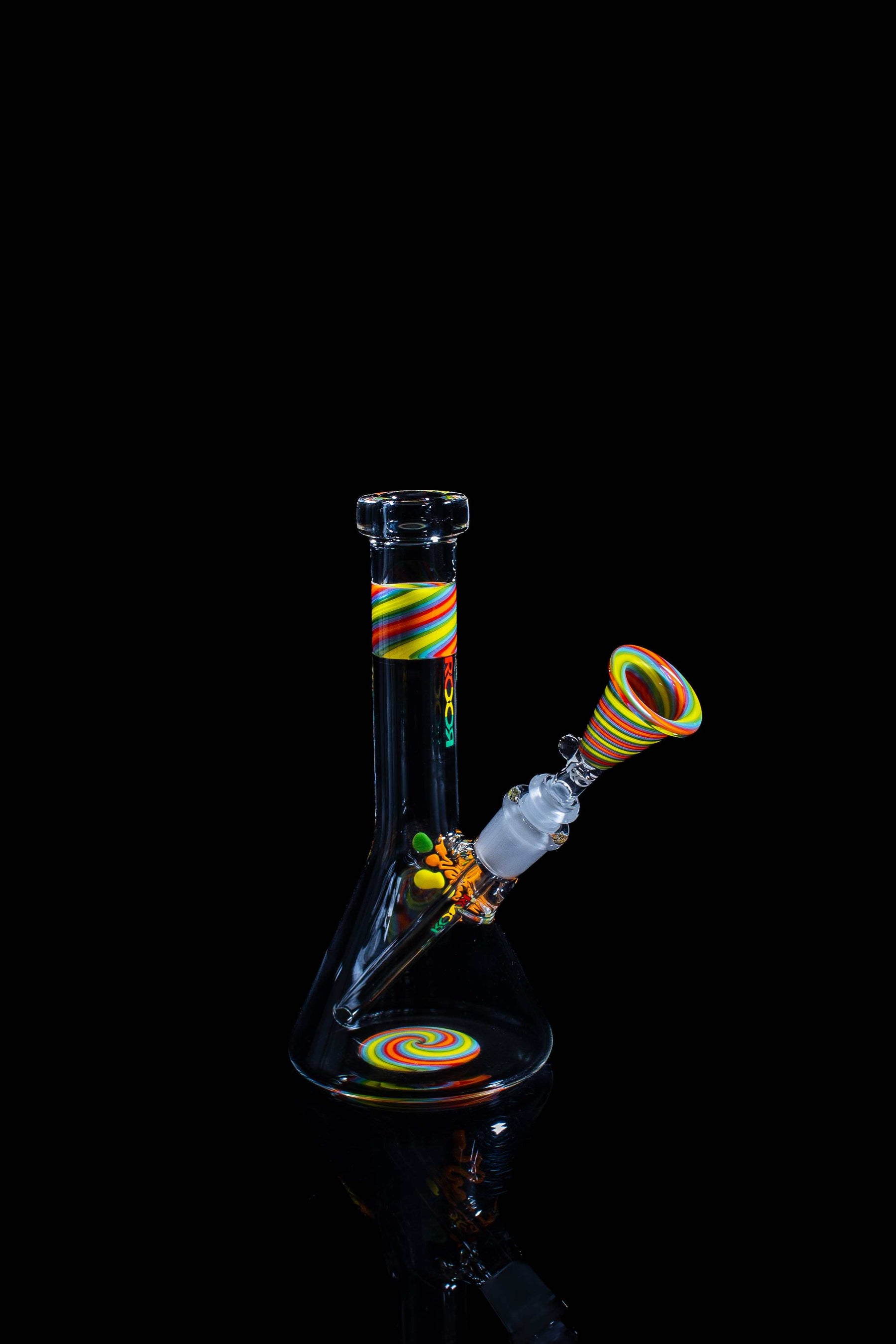 ROOR® Micro 6" Beaker with custom color worked sections and clear glass, featuring Rasta decals.