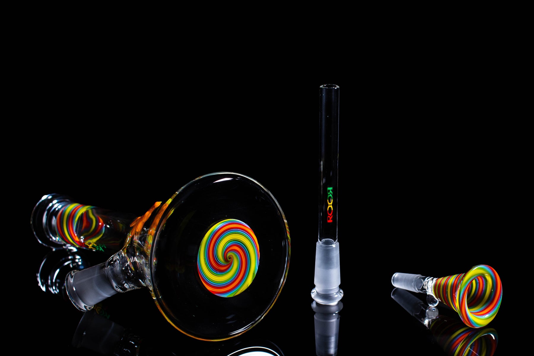 ROOR® Micro 6" Beaker with custom color worked sections and Rasta decal, includes funnel bowl and downstem.