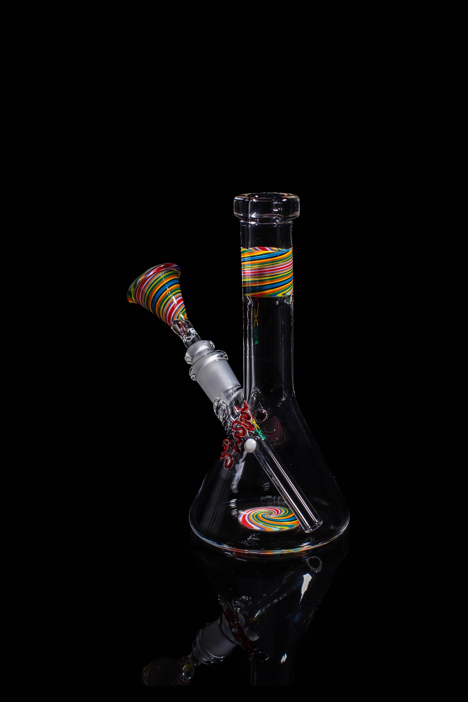ROOR Micro 6-inch clear glass beaker with colorful custom worked sections and Rasta decal