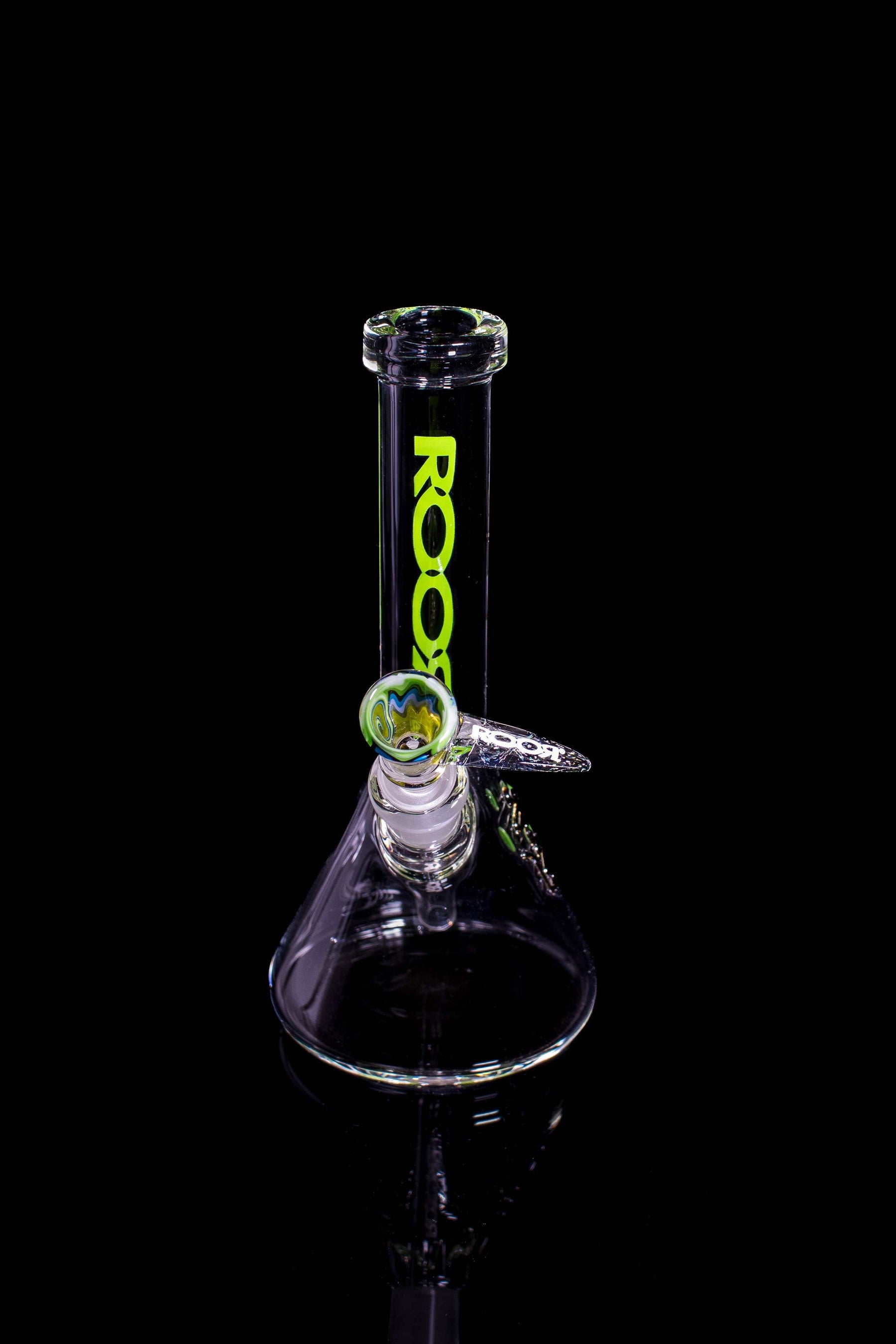 ROOR® Micro 6" Beaker with green decal, custom 10mm bowl, and clear glass design.