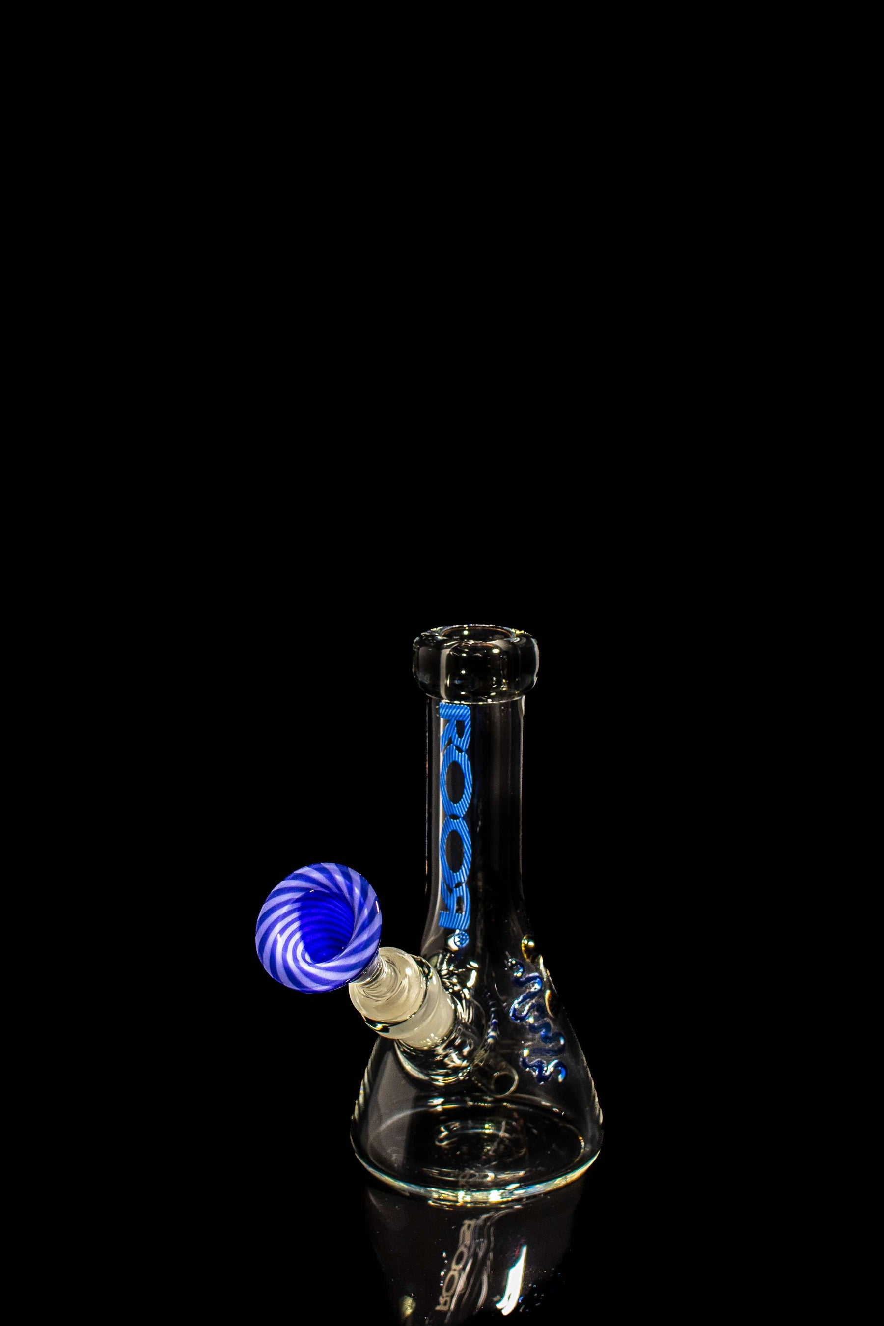 ROOR® Micro 6" clear beaker bong with Too Blue decal and custom 10mm purple candy cane bowl